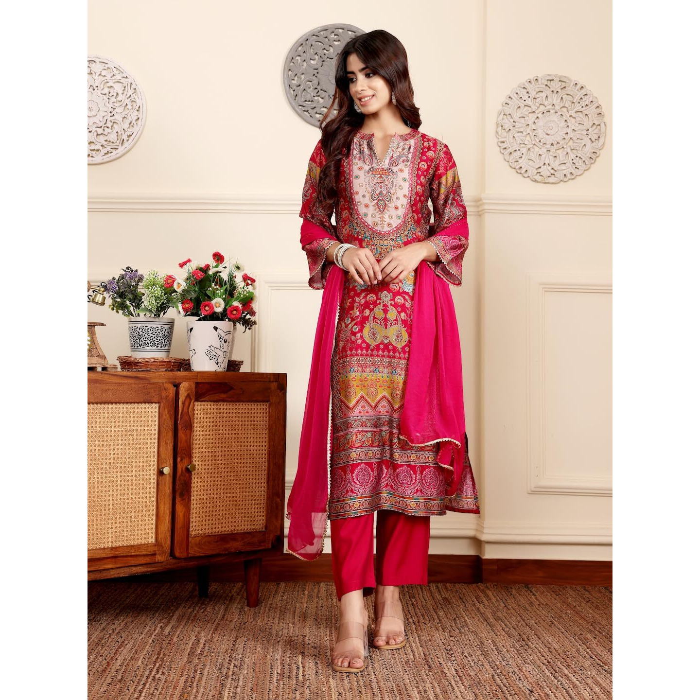 Varanga Women Pink Ethnic Floral Printed Gota Embellished Flared Sleeve Kurta With Solid Trouser & Dupatta  Stylish Ethnic Set (Vardup2209-L)