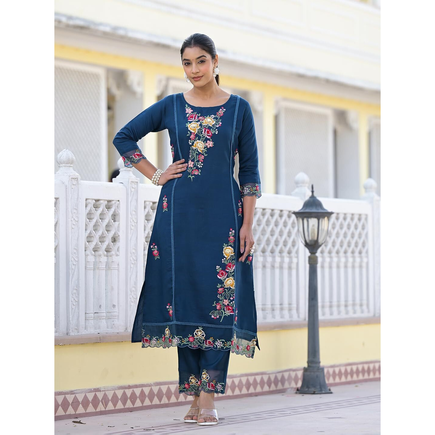 Varanga Women Navy Blue Embroidered Scallop Detail Kurta Paired With Bottom And Dupatta