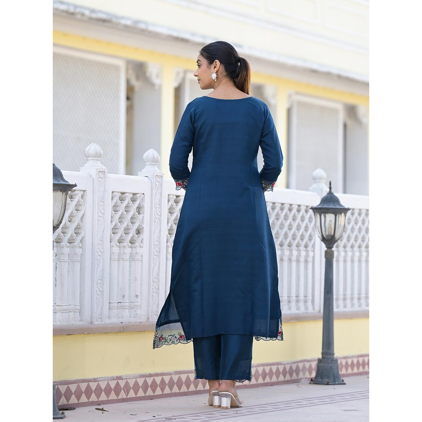 Varanga Women Navy Blue Embroidered Scallop Detail Kurta Paired With Bottom And Dupatta