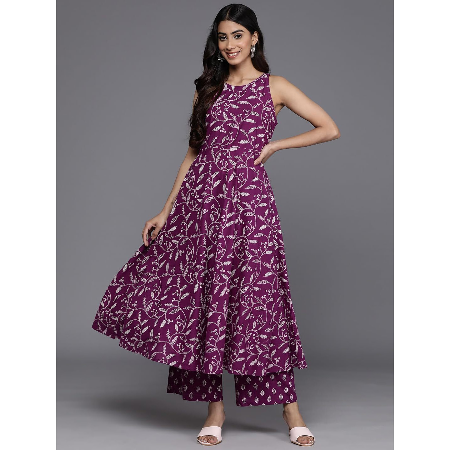 Varanga Women Pink Floral Printed Anarkali Kurta Paired With Tonal Bottom