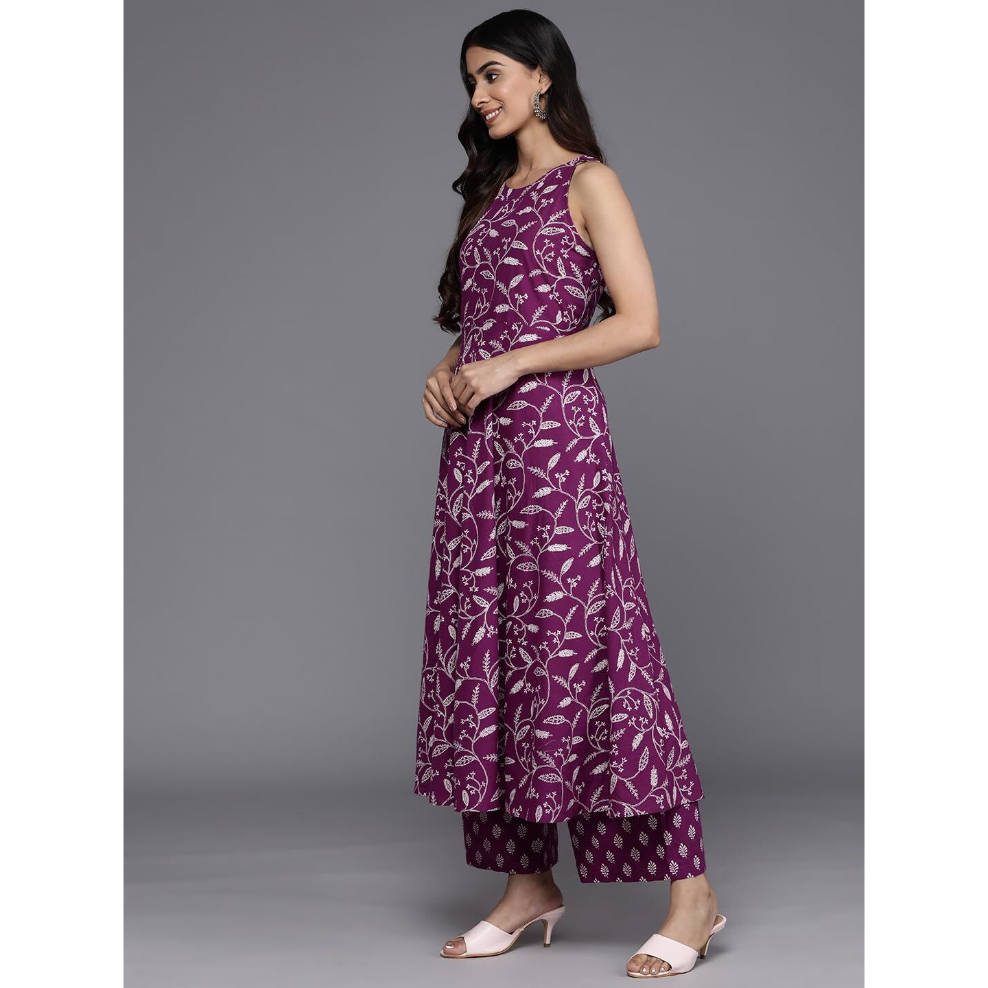 Varanga Women Pink Floral Printed Anarkali Kurta Paired With Tonal Bottom