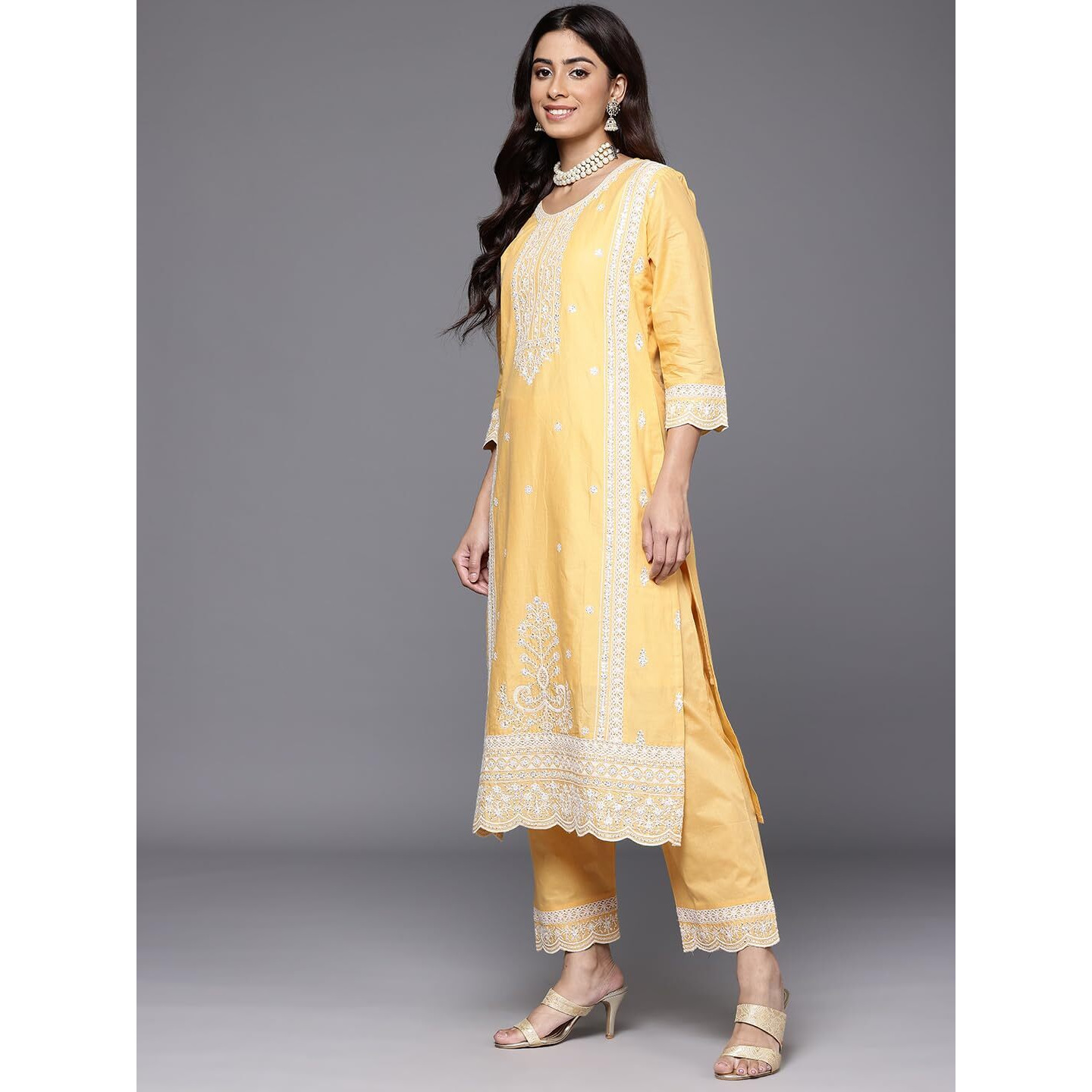 Varanga Women Peach Chikankari Embroidered Sequins Embellished Kurta With Bottom And Dupatta