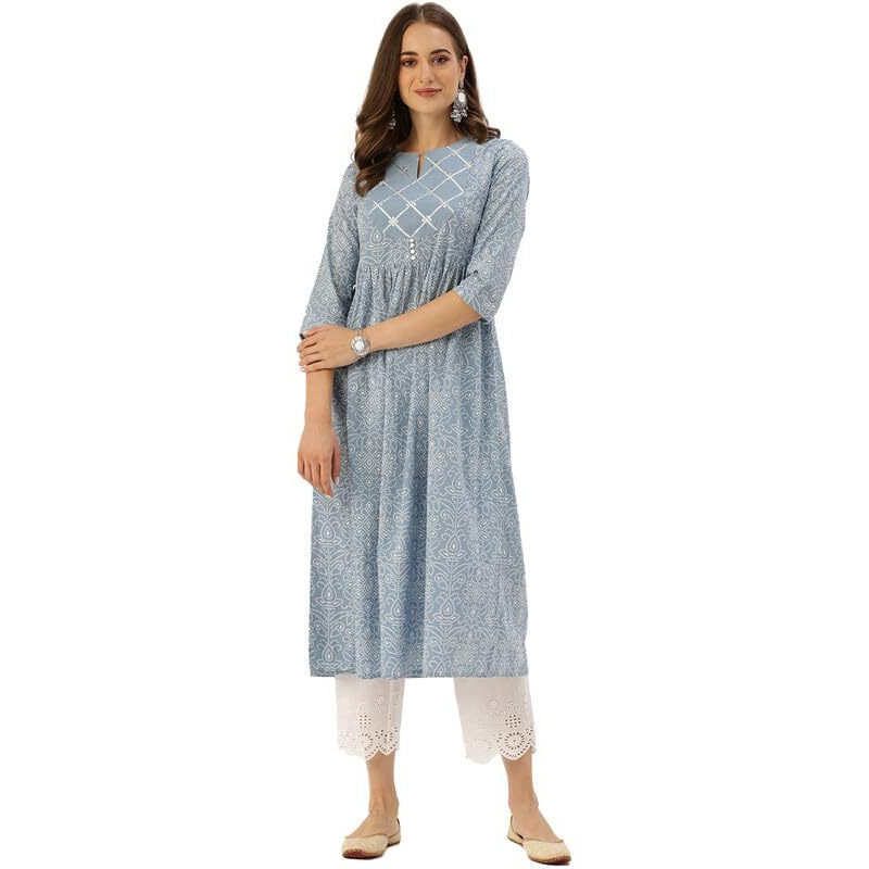 Varanga Women's Blue & White Floral Printed A-Line Kurta | Comfortable Cotton Fabric | Stylish Ethnic Wear (Extra Large)