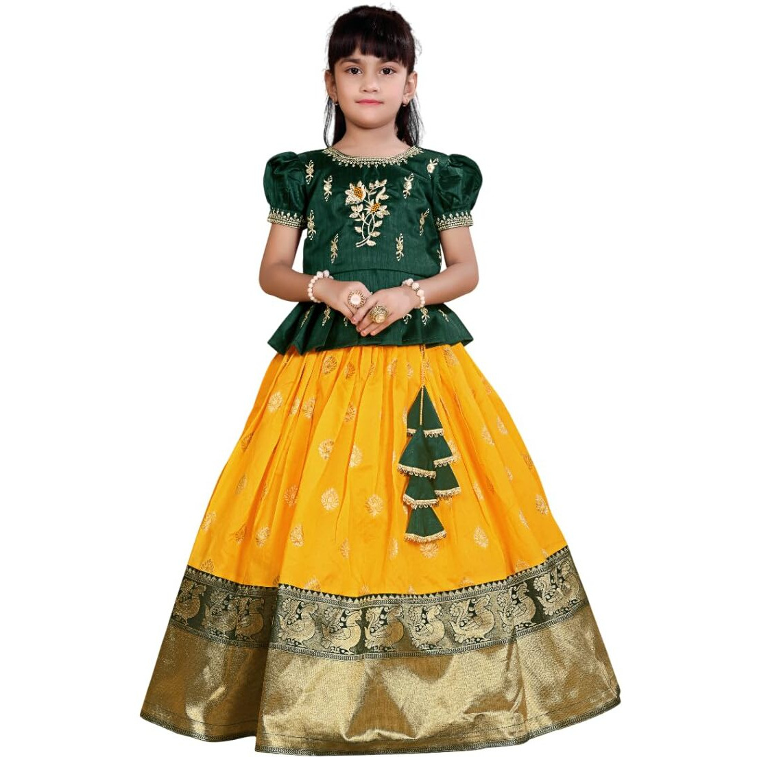 White Button New South Indian Traditional Pattu Pavadai Jecquard Lehenga Choli For Girls Dress