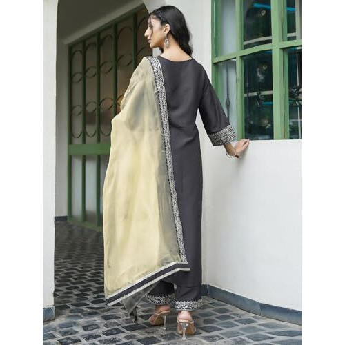 Sanisa Women's Art Silk Sequins Embroidery Lace Straight Kurta With Pant And Dupatta Set (104Kbd1139N-Xxl_Grey)