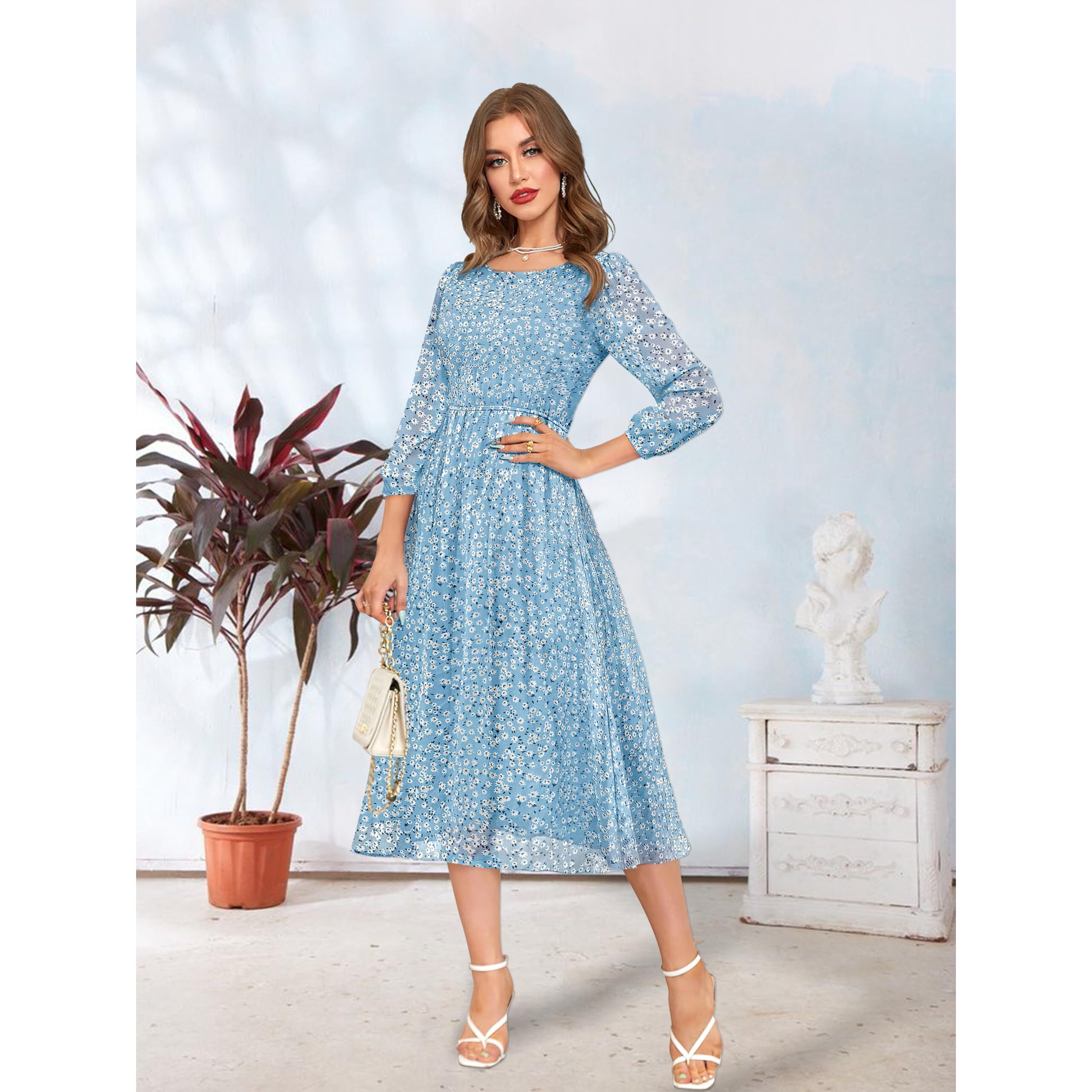 Toochki Women's Sky Blue Georgette Floral Fit & Flared Regular Fit Western Below Knee Length Kurti A Line Style Summer Wear Kurtis Trendy Colour Midi Type Kurti
