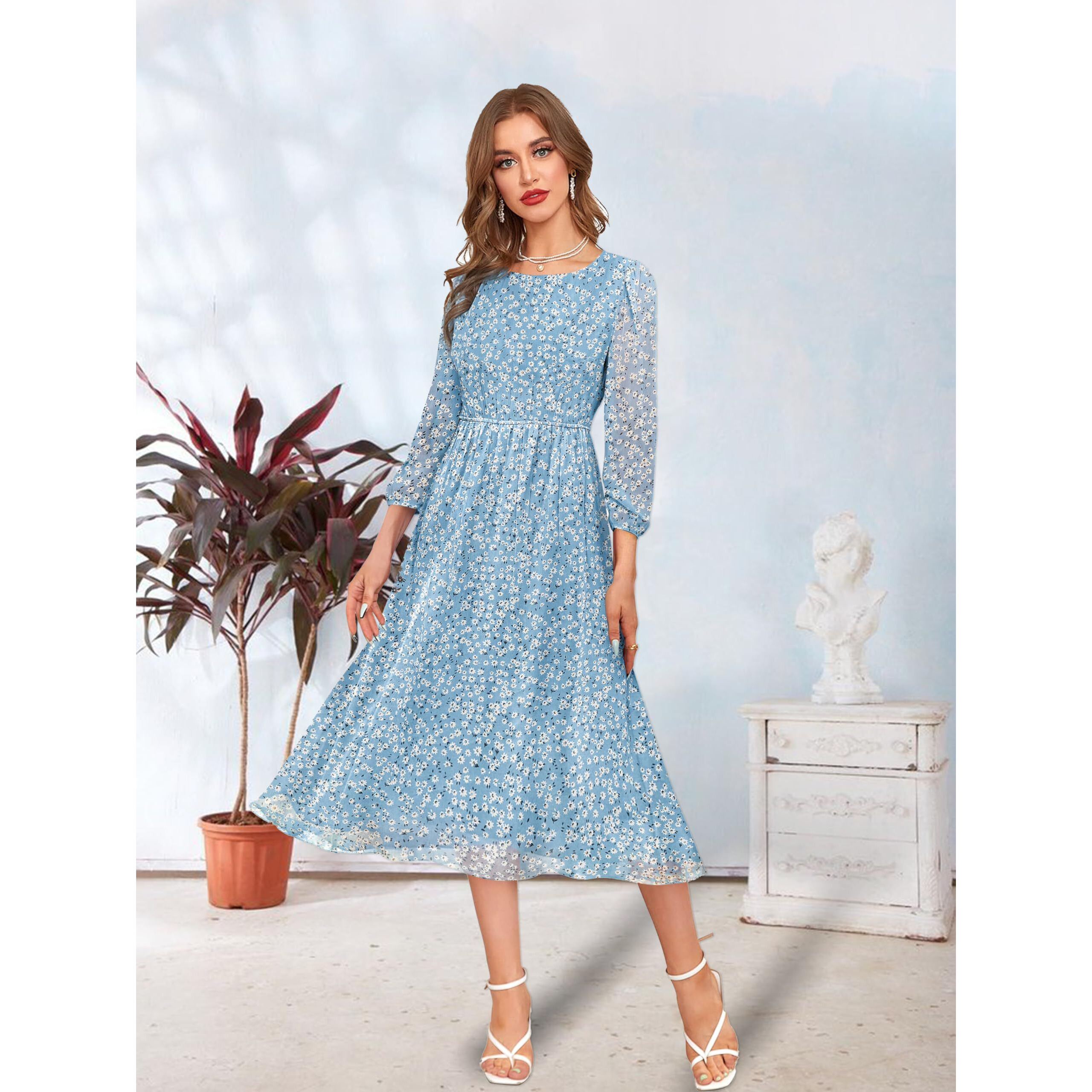 Toochki Women's Sky Blue Georgette Floral Fit & Flared Regular Fit Western Below Knee Length Kurti A Line Style Summer Wear Kurtis Trendy Colour Midi Type Kurti