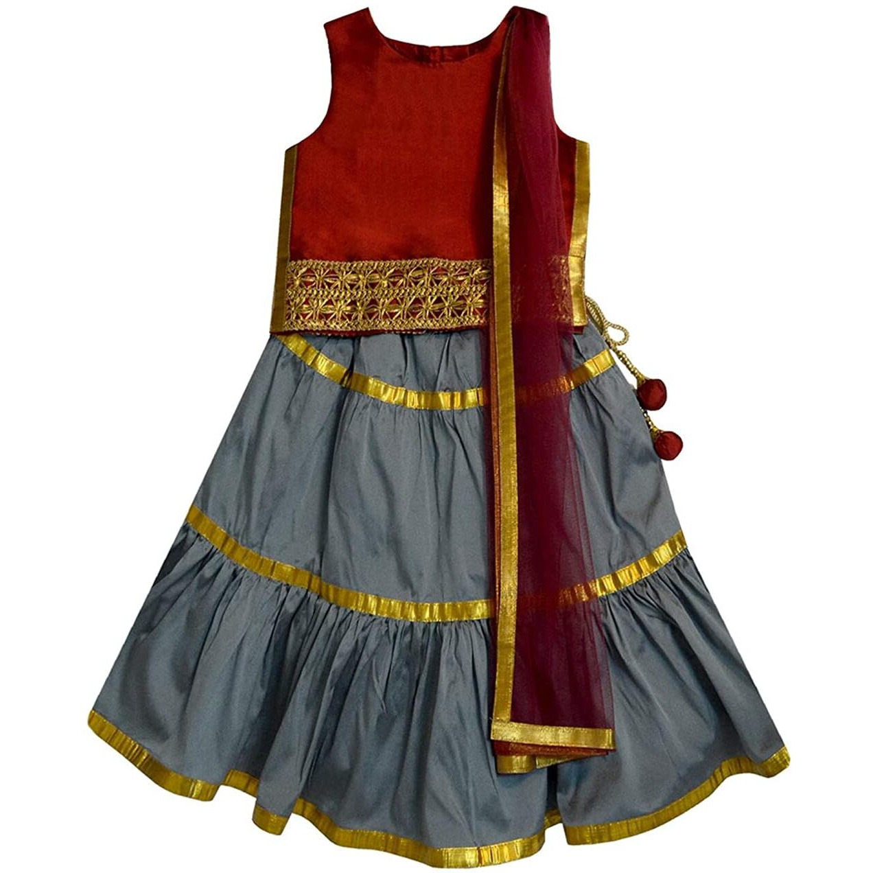 A.T.U.N Girl Synthetic Readymade Lehenga Choli(Glhg Got Mag_Maroon-Grey_9-10 Years_Maroon-Grey_9 Years-10 Years)