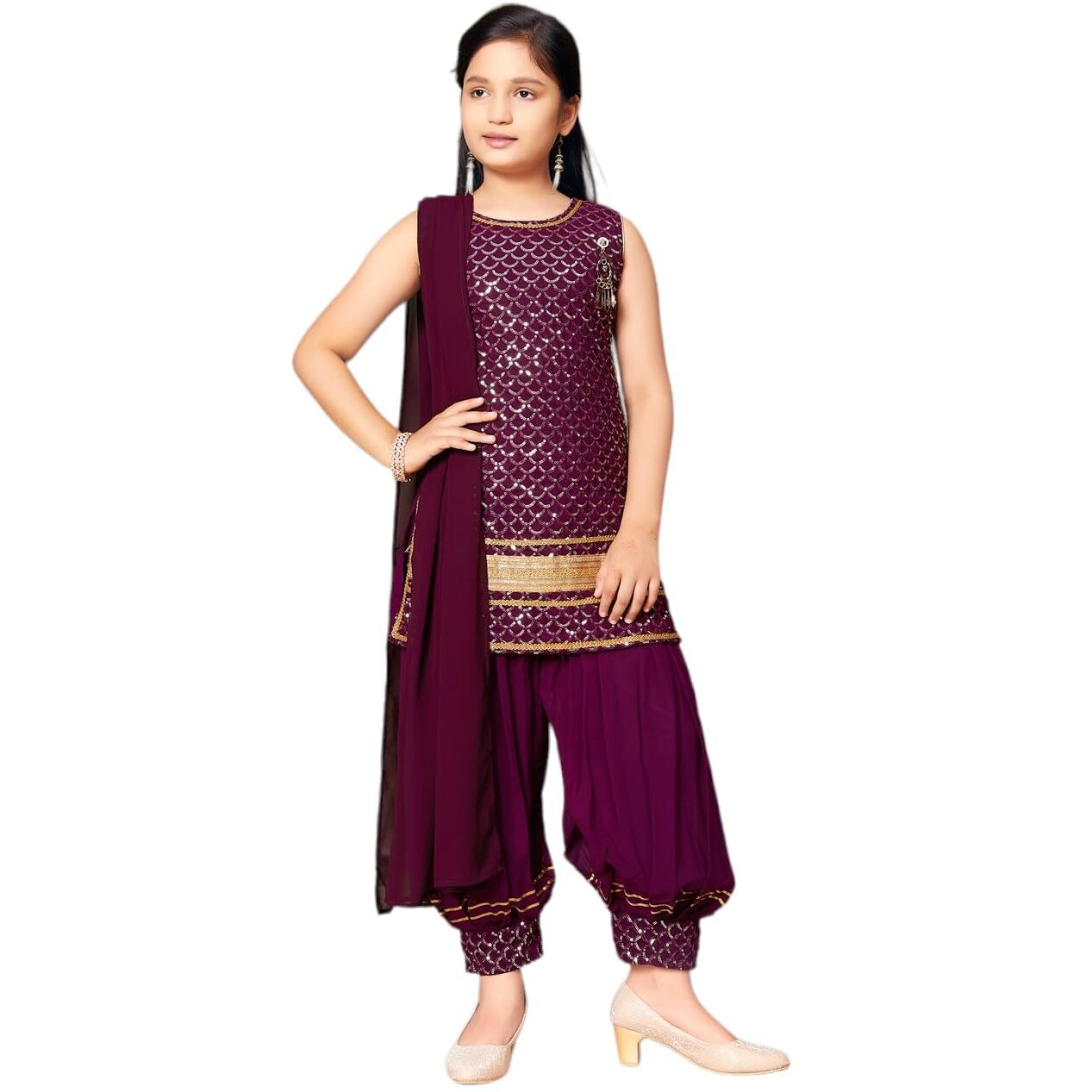 Aarika Girls Ethnic Wear Purple Colour Sequin Embroidery Lace Work Georgette Kurti Patiala Set (4-10 Years)