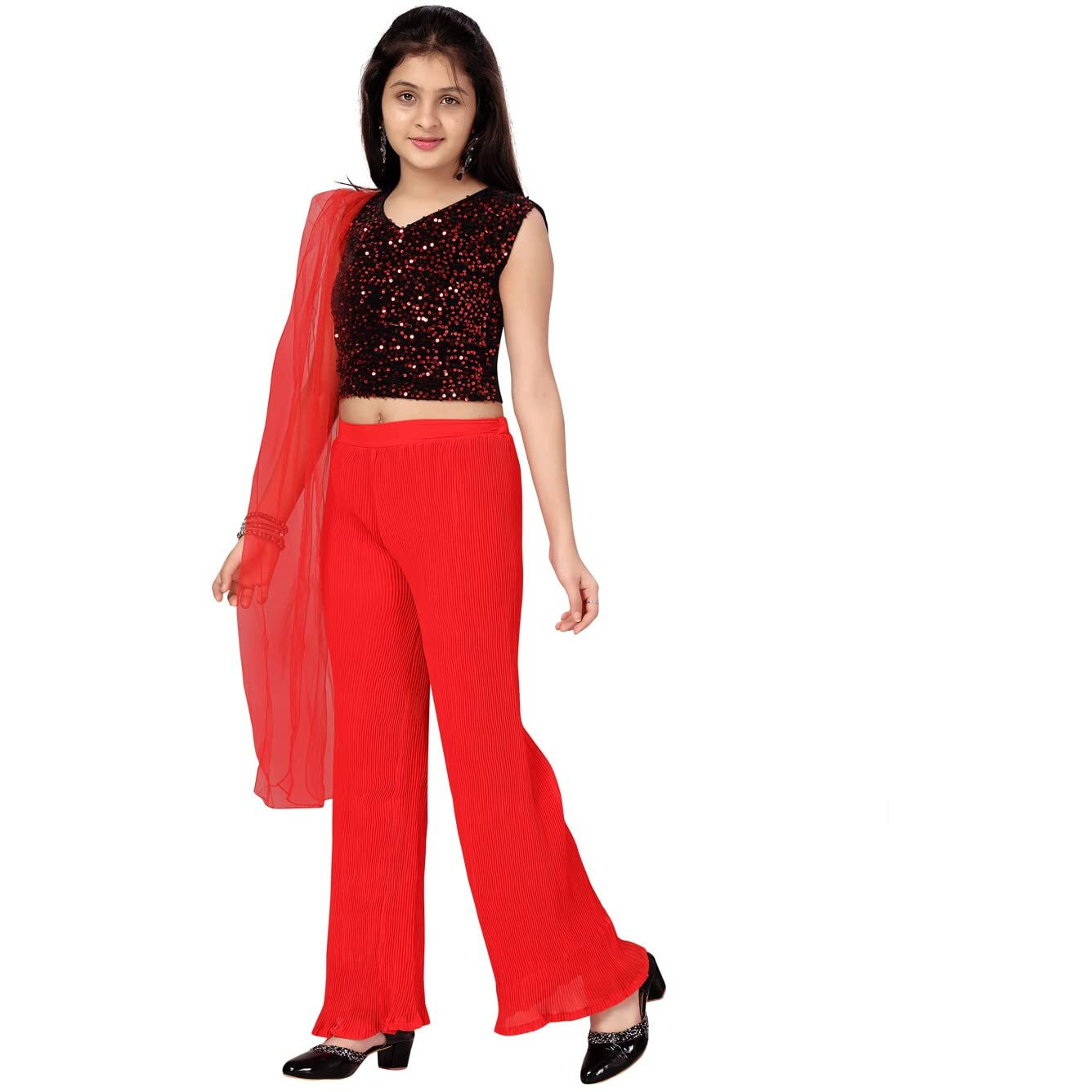 Aarika Girls Red Color Sequin Work Top & Palazzo (My-Pt-21961-Red-36)