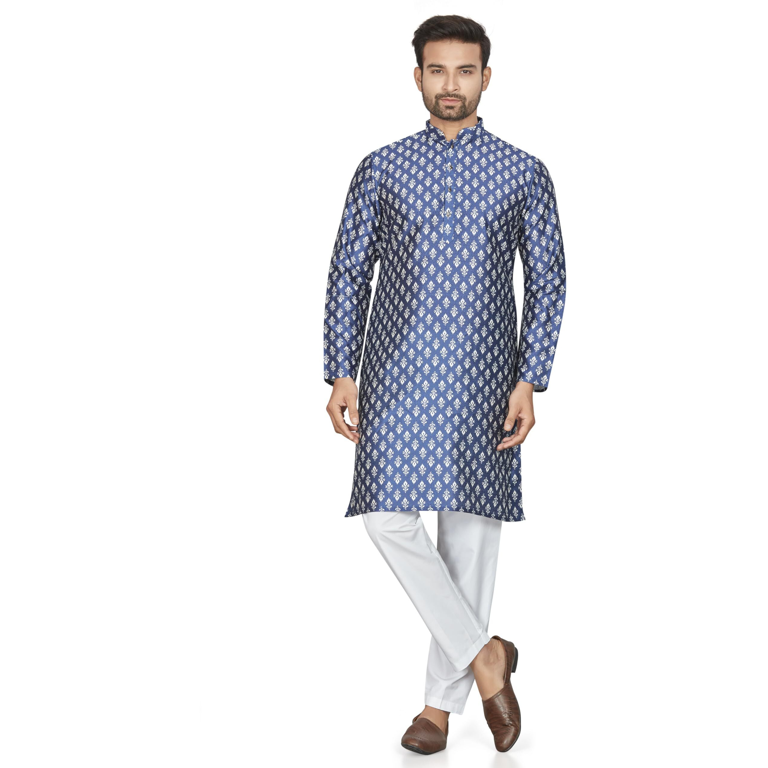 Be Active Men's Traditional Ethnic Motif Printed Butta Full Sleeves Kurta || Cotton Kurta For Men || Men Kurta For Wedding || Kurta For Men (My0022 3 M/40) Navy Blue