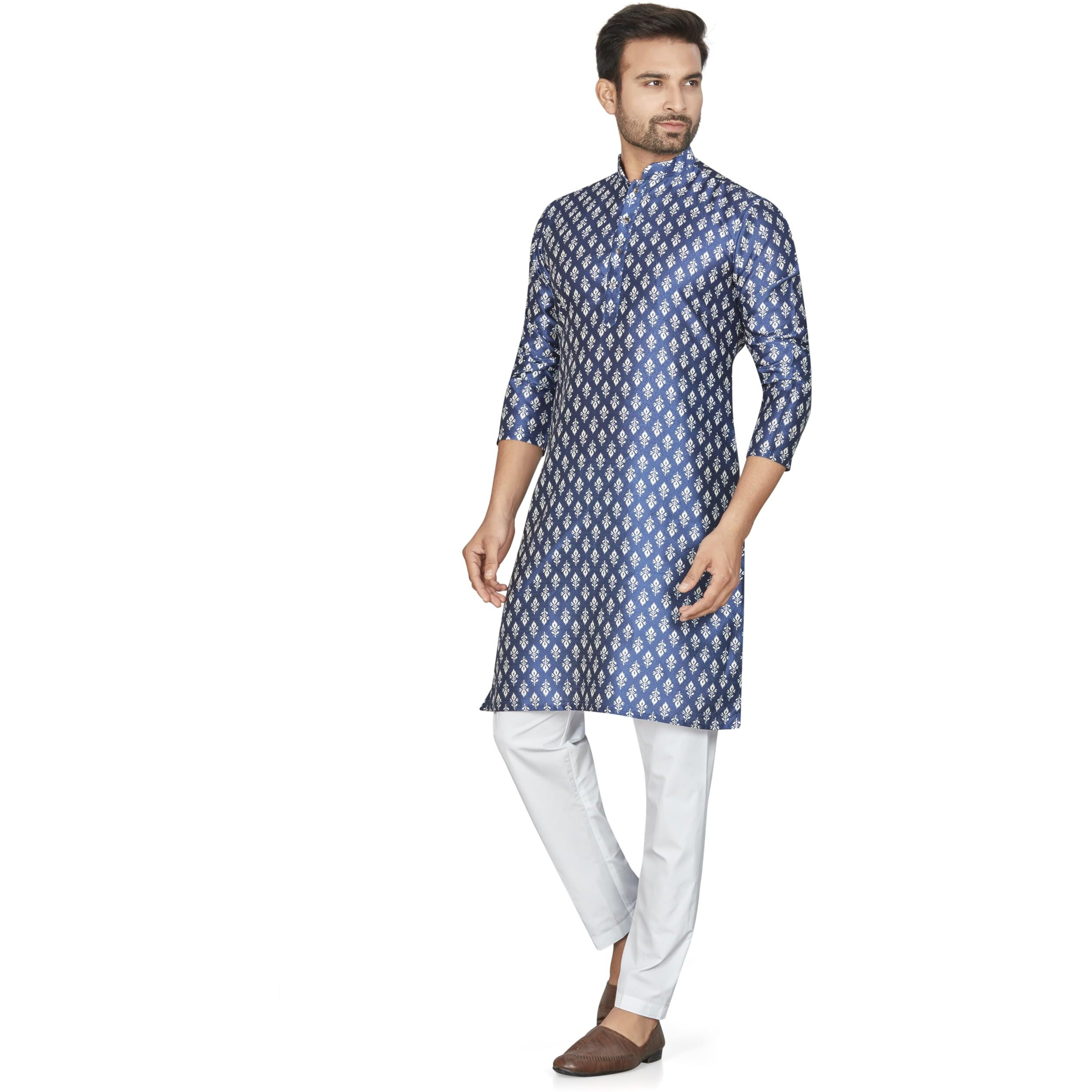 Be Active Men's Traditional Ethnic Motif Printed Butta Full Sleeves Kurta || Cotton Kurta For Men || Men Kurta For Wedding || Kurta For Men (My0022 3 M/40) Navy Blue