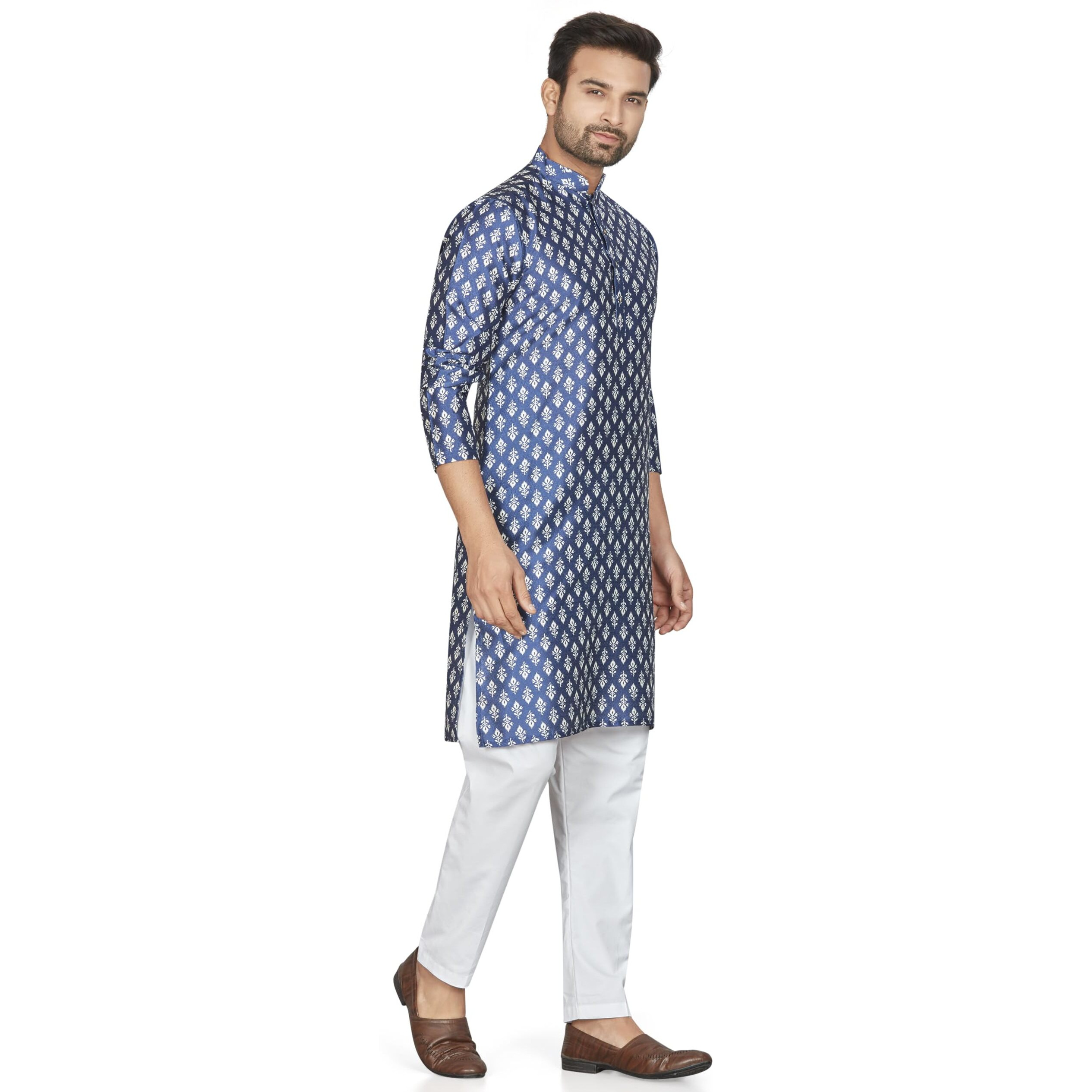 Be Active Men's Traditional Ethnic Motif Printed Butta Full Sleeves Kurta || Cotton Kurta For Men || Men Kurta For Wedding || Kurta For Men (My0022 3 M/40) Navy Blue