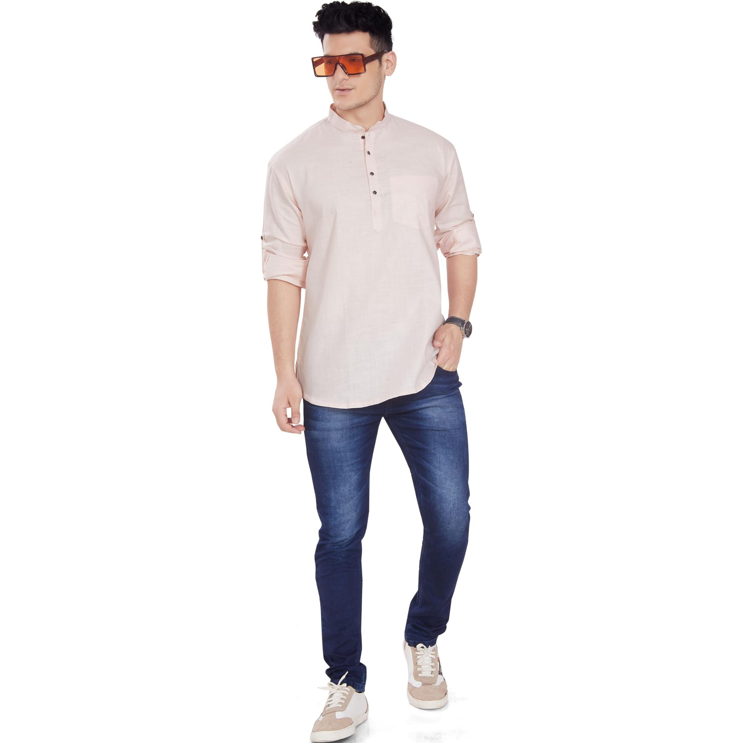 Divisive Men's Pure Cotton Relaxed Fit Short Kurta (Dkrt255_S_Peach)