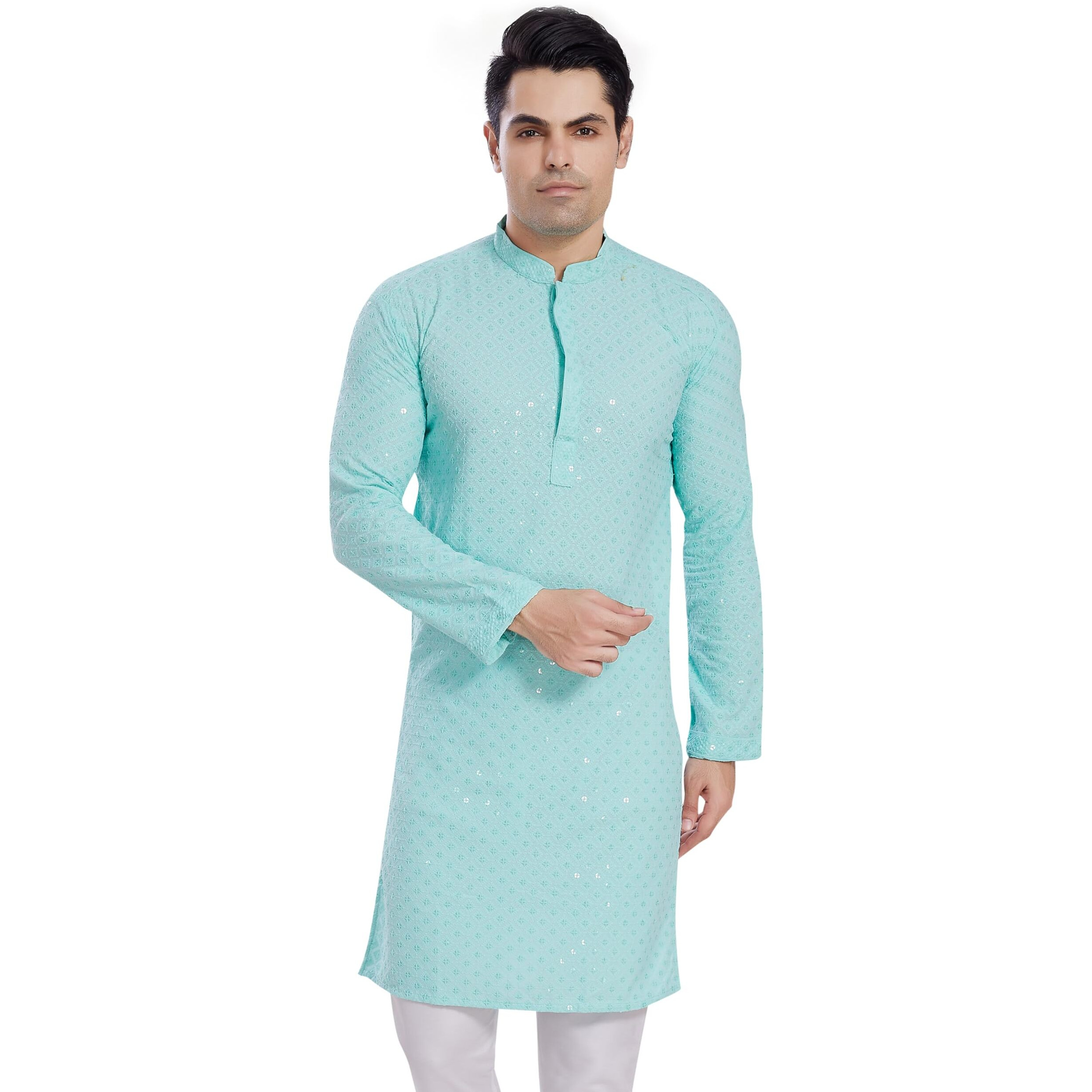 Divisive Men's Sequince Embroidered Cotton Blend Only Slim Fit Kurta (Dkrt521_Xl_Sky)