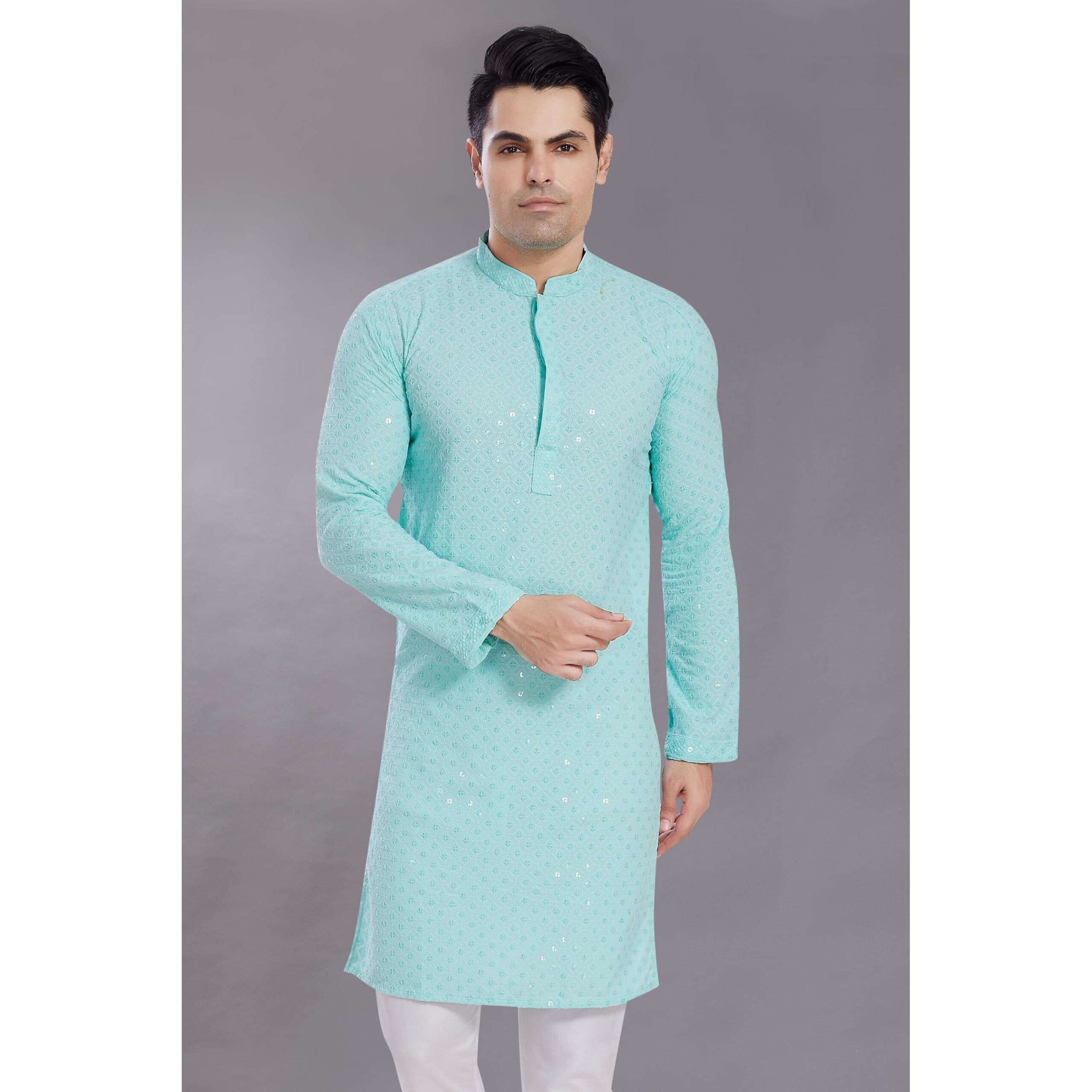 Divisive Men's Sequince Embroidered Cotton Blend Only Slim Fit Kurta (Dkrt521_Xl_Sky)