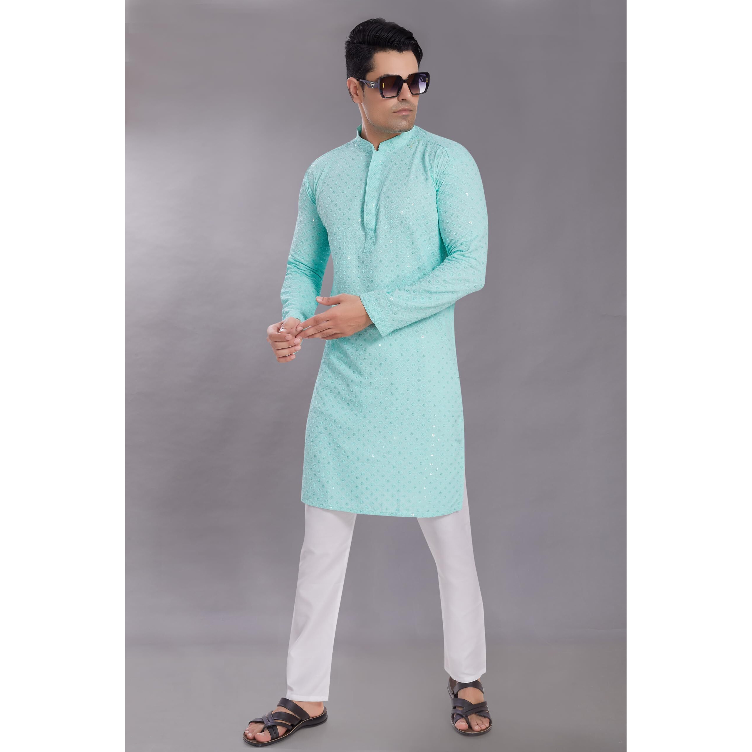 Divisive Men's Sequince Embroidered Cotton Blend Only Slim Fit Kurta (Dkrt521_Xl_Sky)