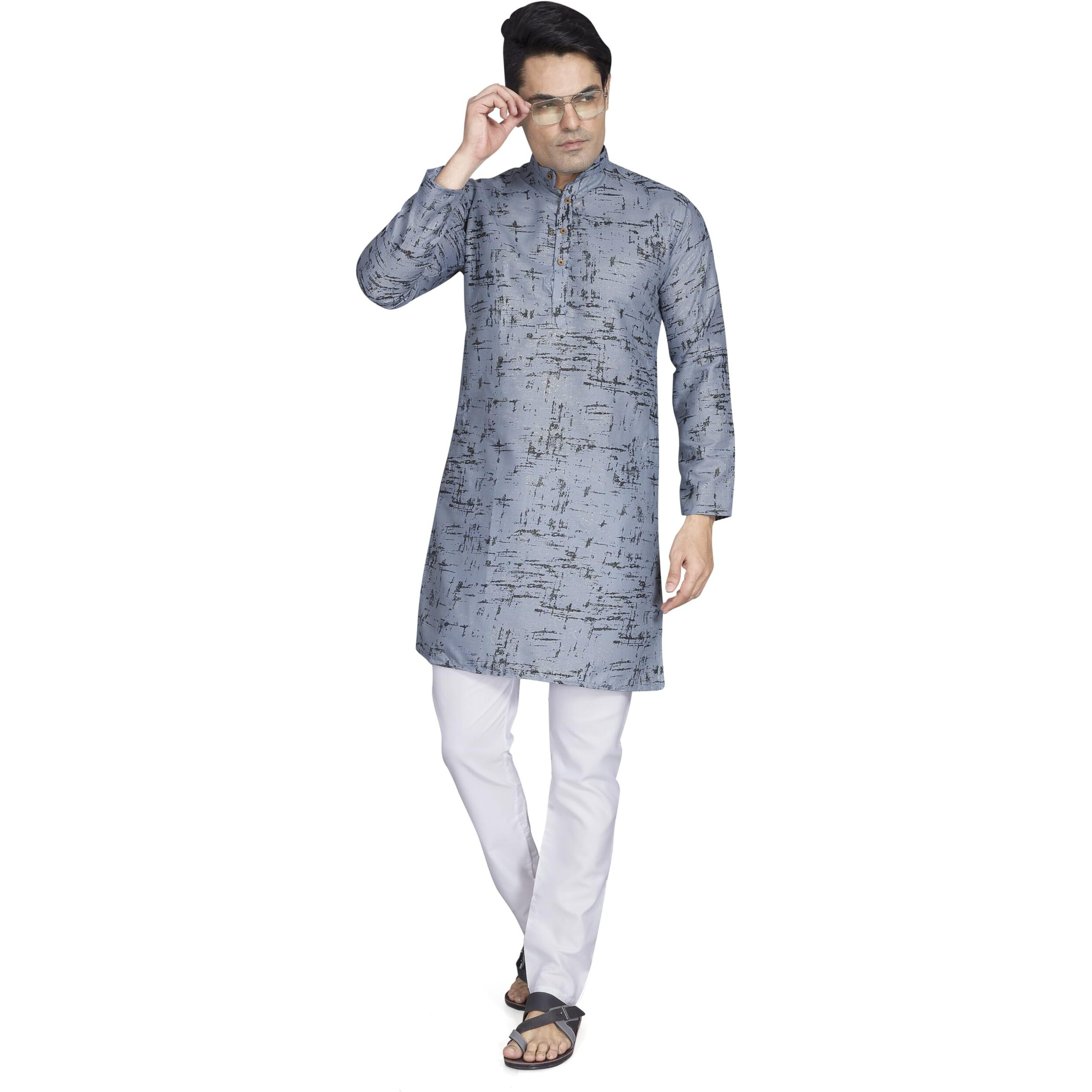 Divisive Men's Printed Cotton Blend Linen Slim Fit Kurta Pyjama Set (Dkrt873_L_Grey)