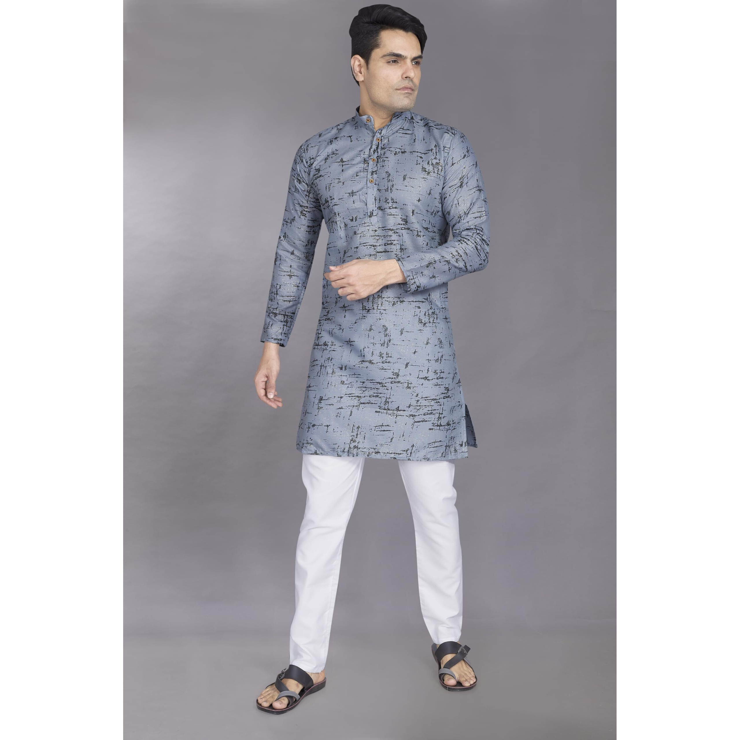 Divisive Men's Printed Cotton Blend Linen Slim Fit Kurta Pyjama Set (Dkrt873_L_Grey)