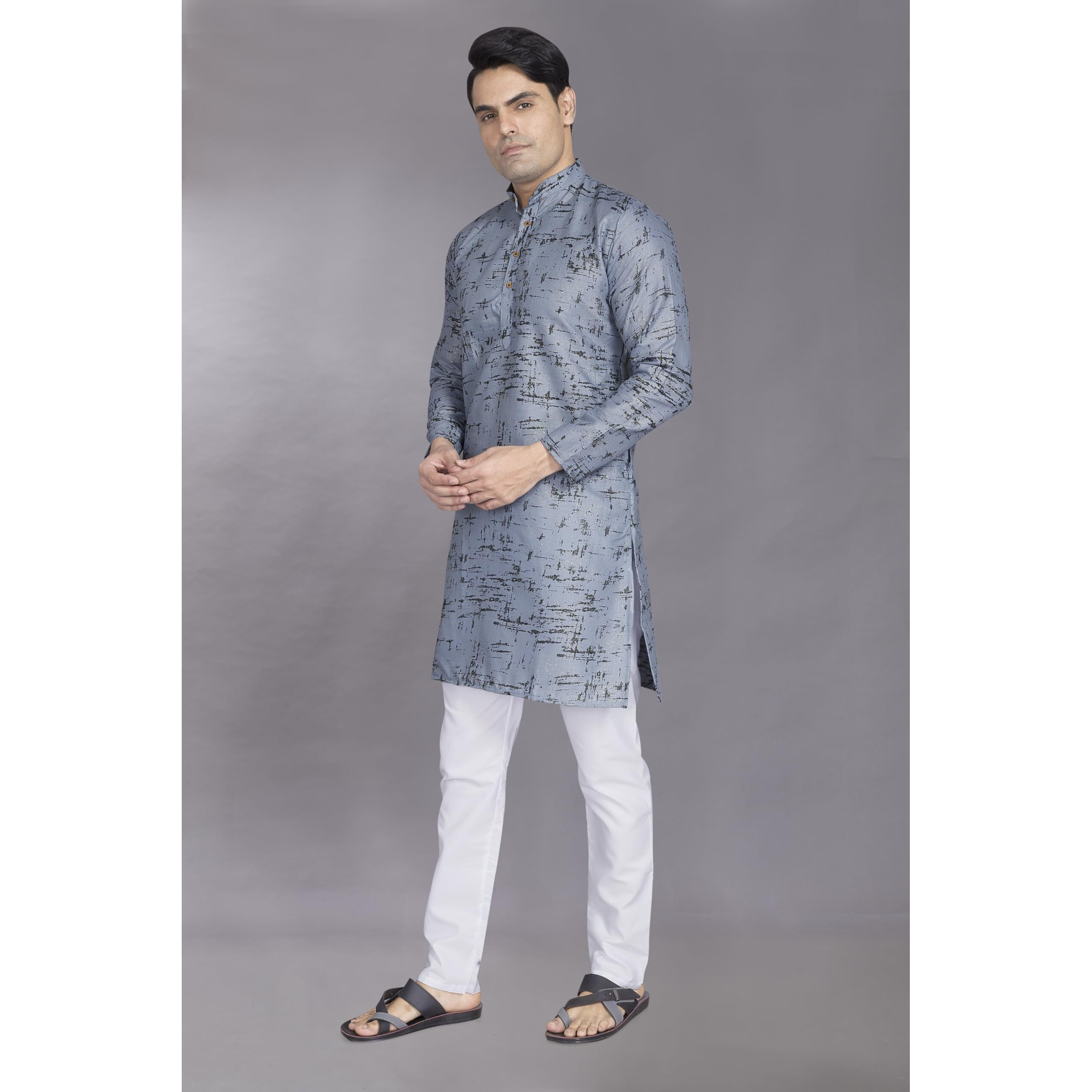 Divisive Men's Printed Cotton Blend Linen Slim Fit Kurta Pyjama Set (Dkrt873_L_Grey)