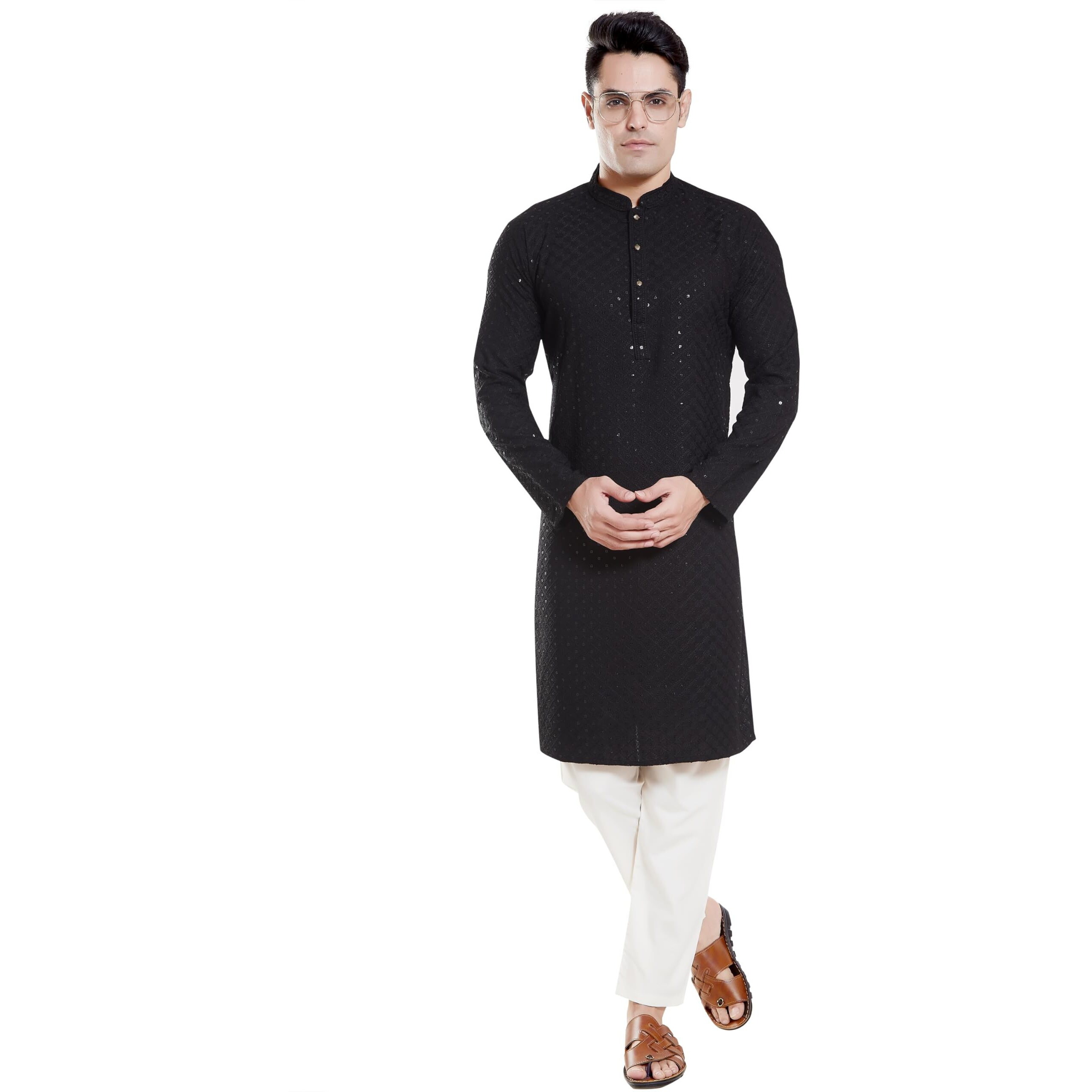 Divisive Men's Sequince Embroidered Cotton Blend Only Slim Fit Kurta (Dkrt134_S_Black)