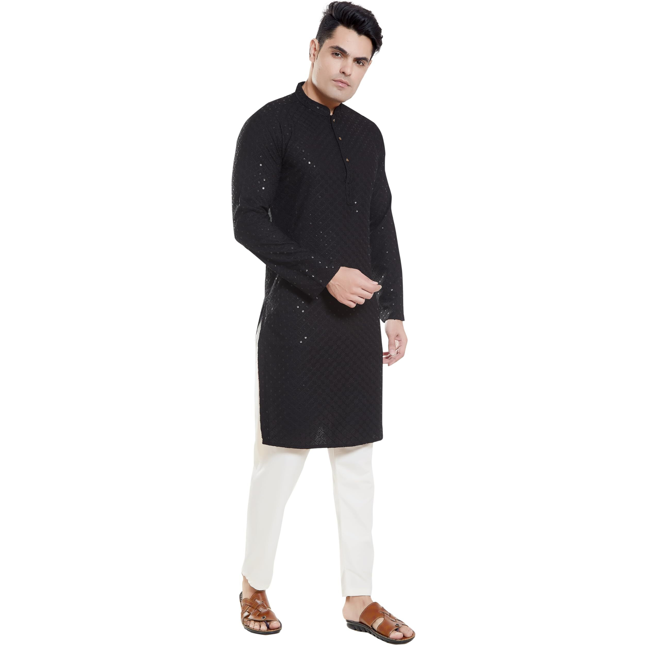 Divisive Men's Sequince Embroidered Cotton Blend Only Slim Fit Kurta (Dkrt134_S_Black)