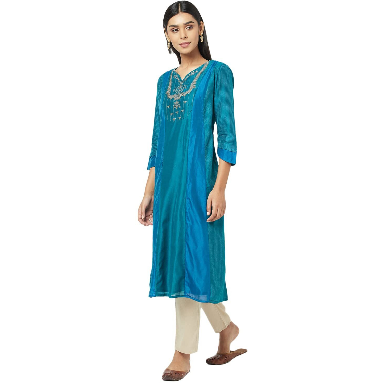 Fabindia Women's Cotton Silk Embroidered Regular Kurta_Teal_S