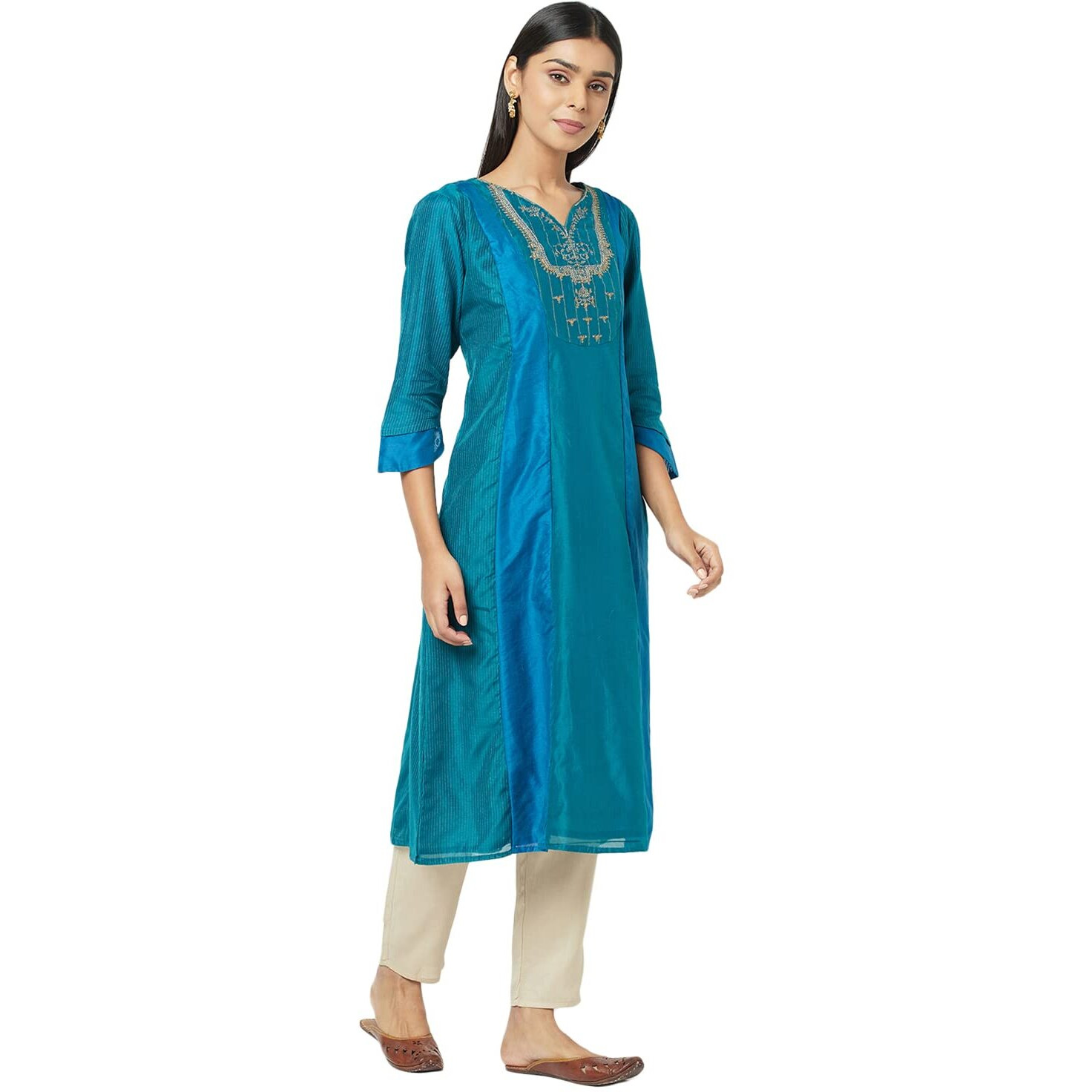 Fabindia Women's Cotton Silk Embroidered Regular Kurta_Teal_S