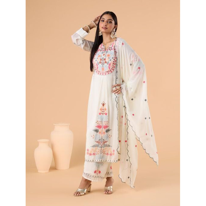 Fashion Basket Women's Faux Georgette Embroidered Straight Kurta With Dupatta (Small, White)