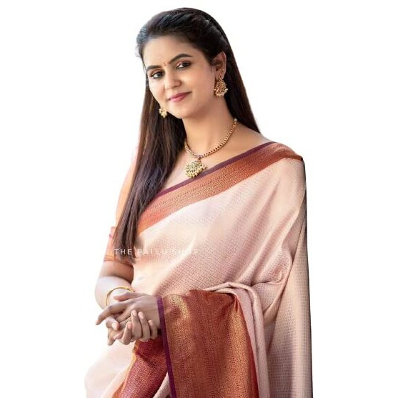 Flosive Ayn Women's Present Banarasi Soft Lichi Silk Saree Beautiful Jacquard Rich Pallu Design Work 4501 Zari Woven Kanjivaram Silk Style Saree With Soft Lichi Silk Blouse Piece (Cream)
