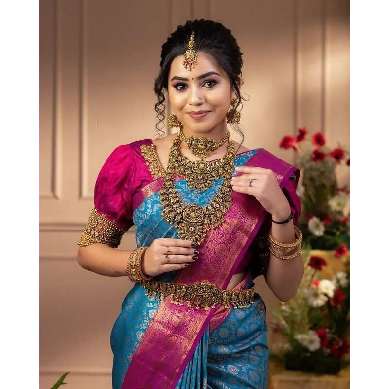 Flosive Women's Present Banarasi Soft Lichi Silk Saree Beautiful Jacquard Rich Pallu Design Work Zari Woven Kanjivaram Silk Style Saree With Soft Lichi Silk Blouse Piece Ayn Royal Sky Blue & Pink.