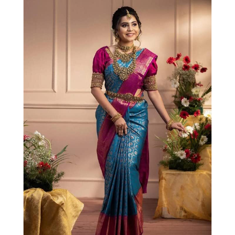 Flosive Women's Present Banarasi Soft Lichi Silk Saree Beautiful Jacquard Rich Pallu Design Work Zari Woven Kanjivaram Silk Style Saree With Soft Lichi Silk Blouse Piece Ayn Royal Sky Blue & Pink.
