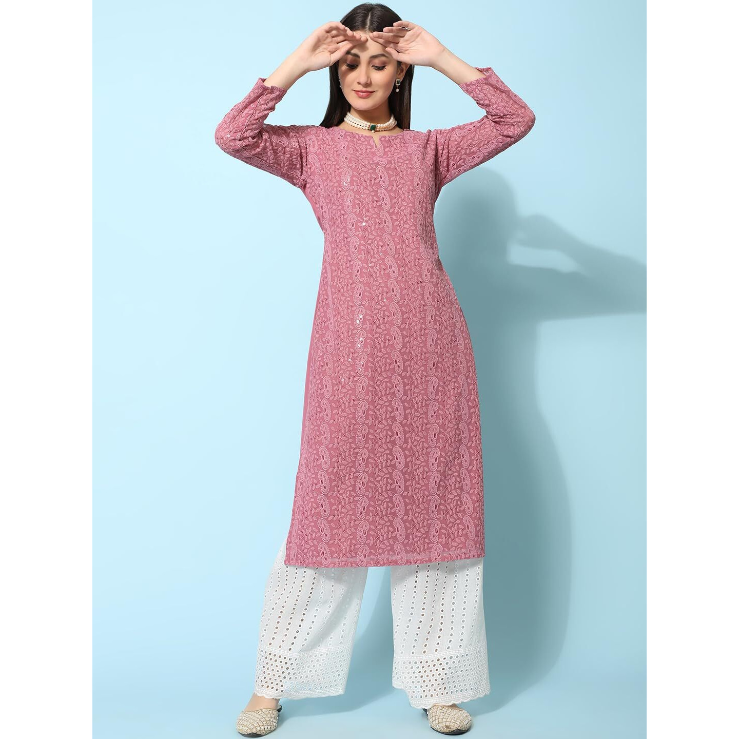 Gufrina Women's 3/4 Sleeve Lakhnavi Embroidery Work Kurta With Chikankari Palazzo Set - Elegant Ethnic Wear (Pink L)