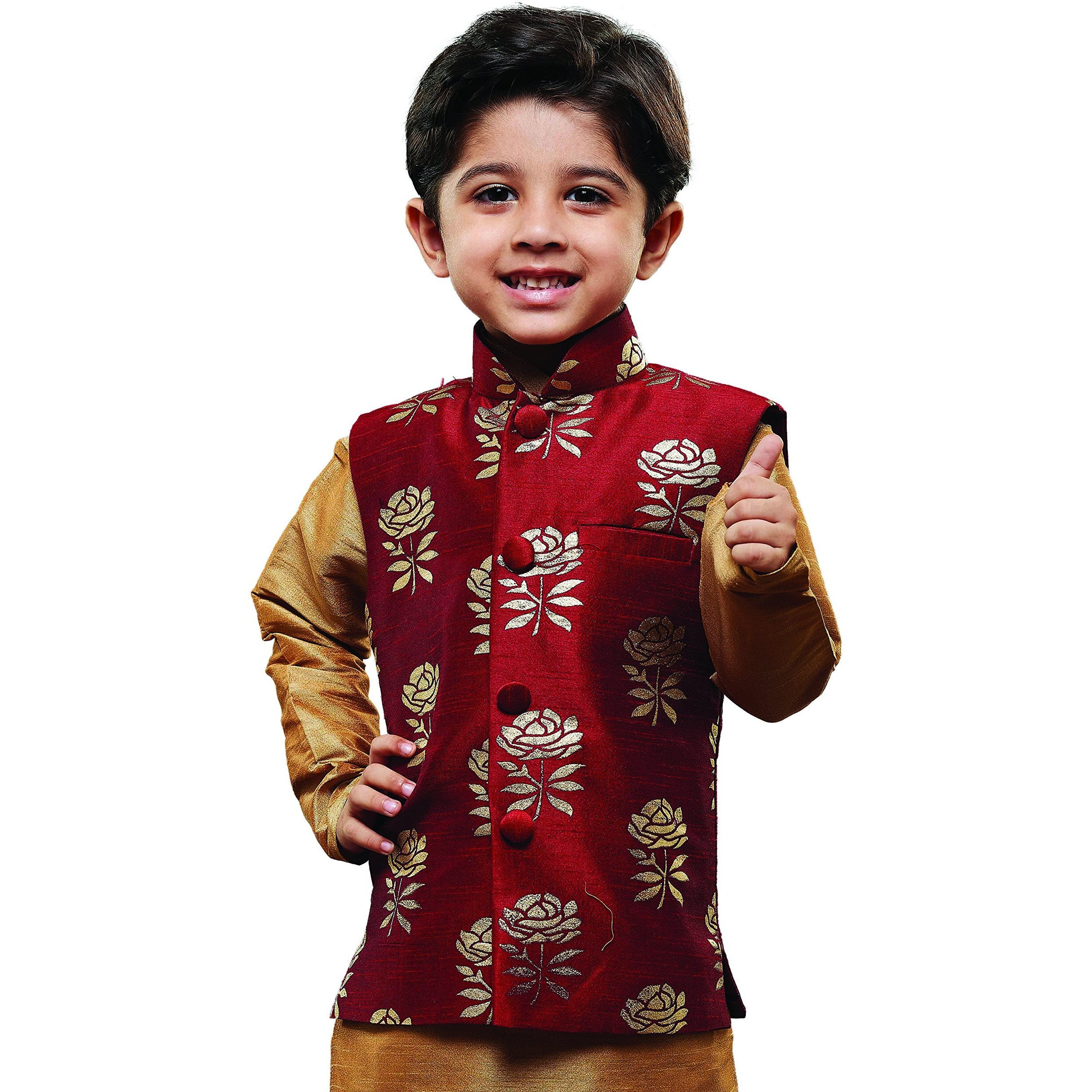 Jbn Creation Boy's Printed Nehru Jacket (Vasbjma006_36_Maroon & Gold_13-14 Years)