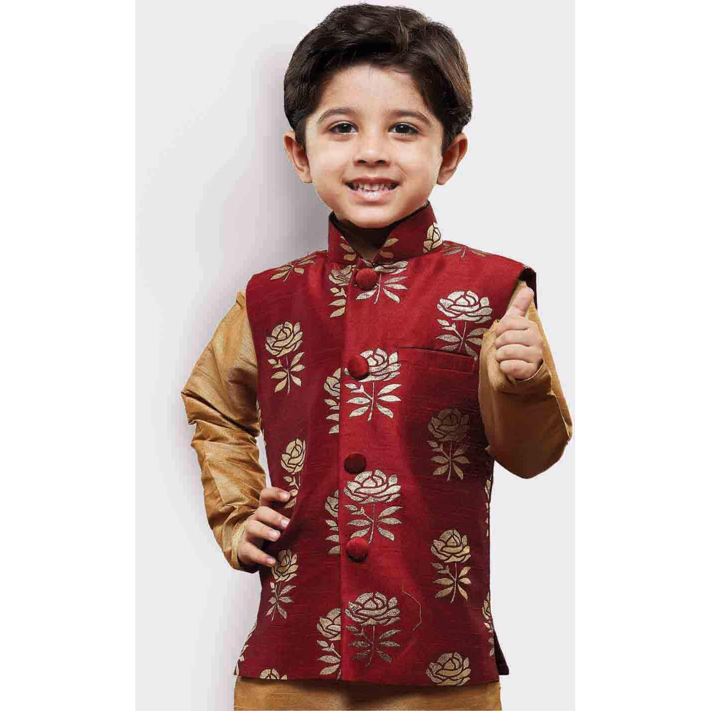 Jbn Creation Boy's Printed Nehru Jacket (Vasbjma006_36_Maroon & Gold_13-14 Years)