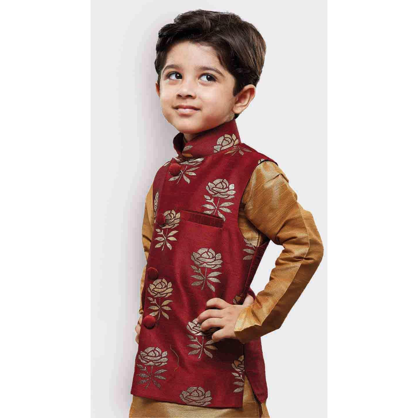Jbn Creation Boy's Printed Nehru Jacket (Vasbjma006_36_Maroon & Gold_13-14 Years)