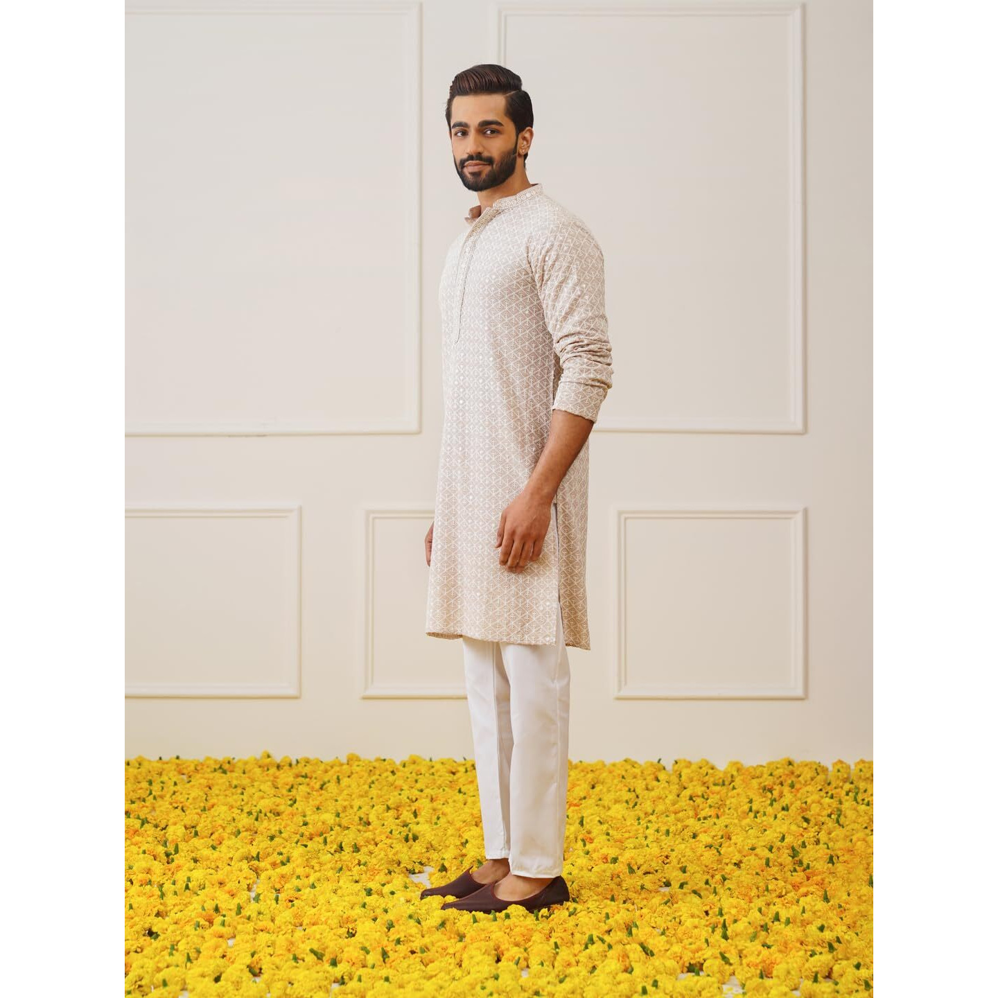 Jompers Men's Beige Sequin Embroidered Pure Cotton Kurta With Pyjamas (Beige, Xxl)