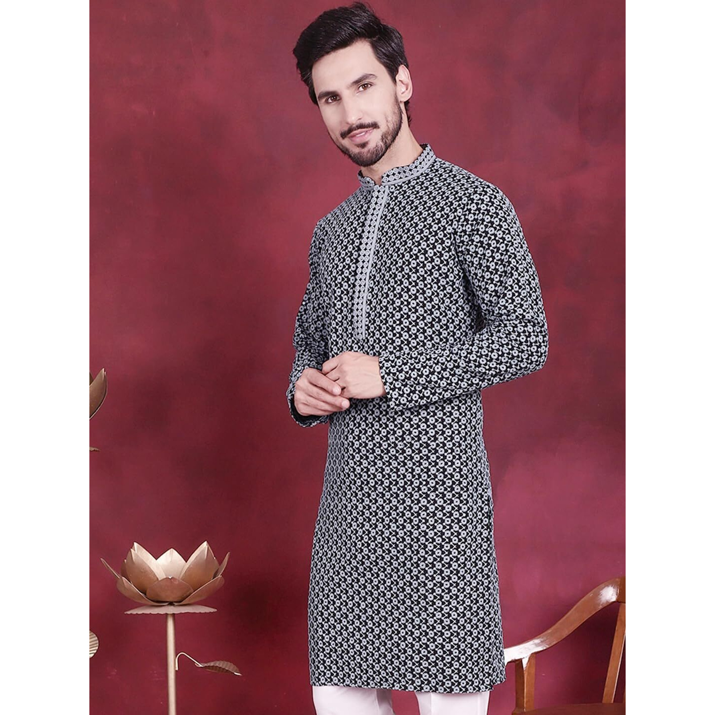Jompers Men's Sequins Embroidered Kurtas (Grey, S)