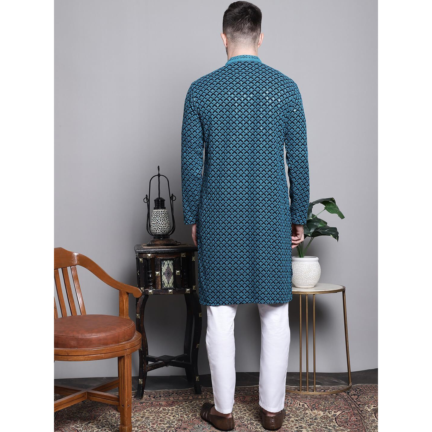 Jompers Mens Sequin Embroidered Pure Cotton Kurta With Pyjamas (Blue, S)
