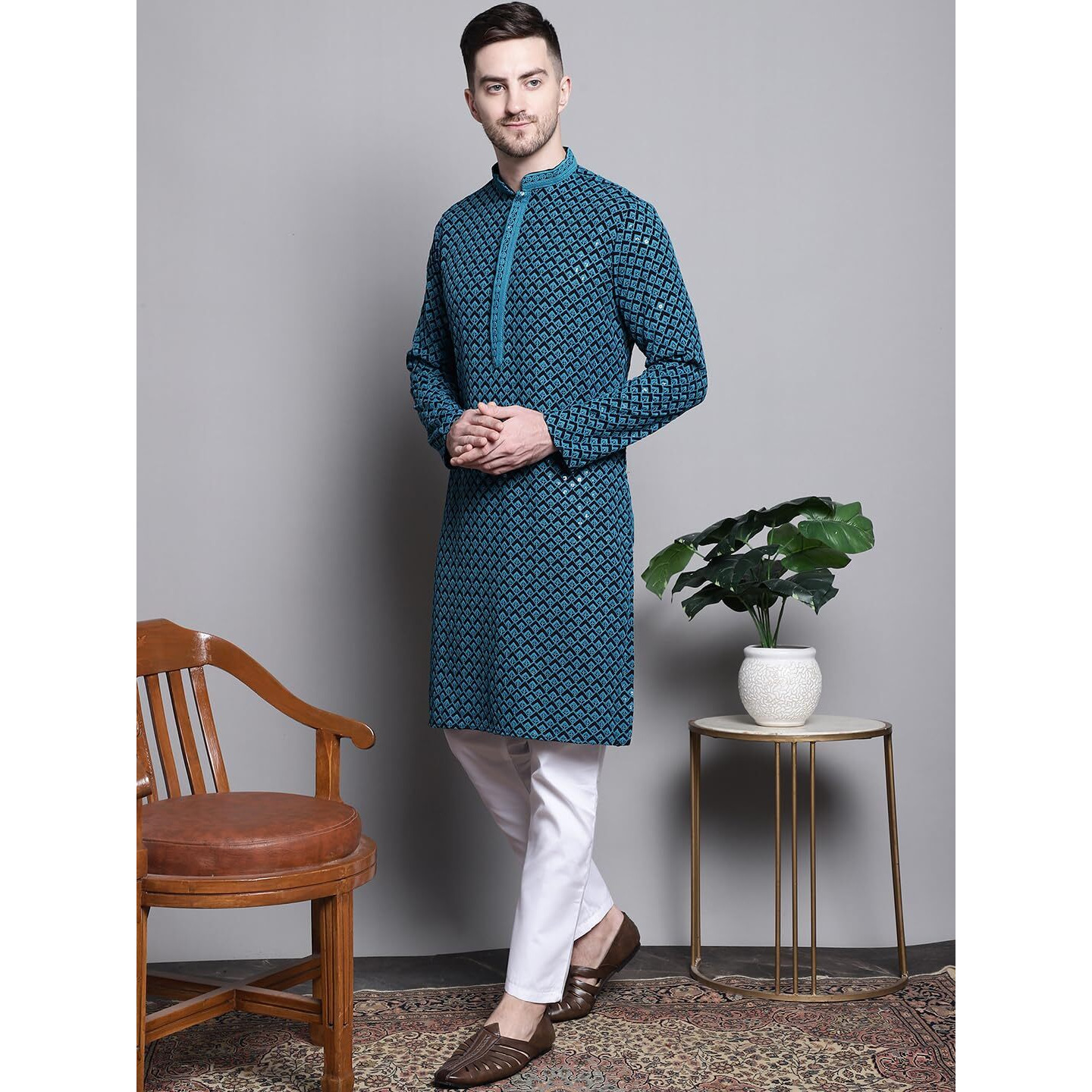 Jompers Mens Sequin Embroidered Pure Cotton Kurta With Pyjamas (Blue, S)