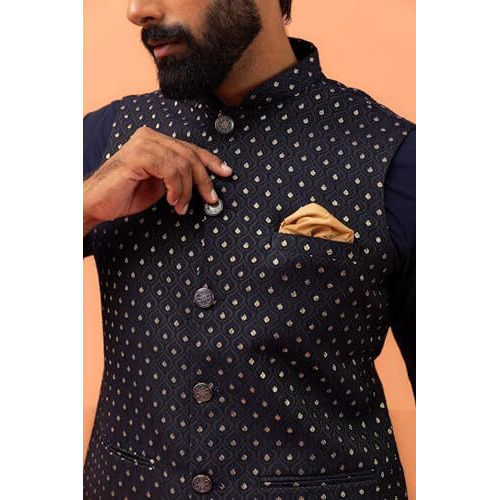 Kisah Men's Kurta Jacket Churidar Set, Navy Blue Cotton Blend, Woven Design Regular Fit Mandarin Collar Long Sleeves-40