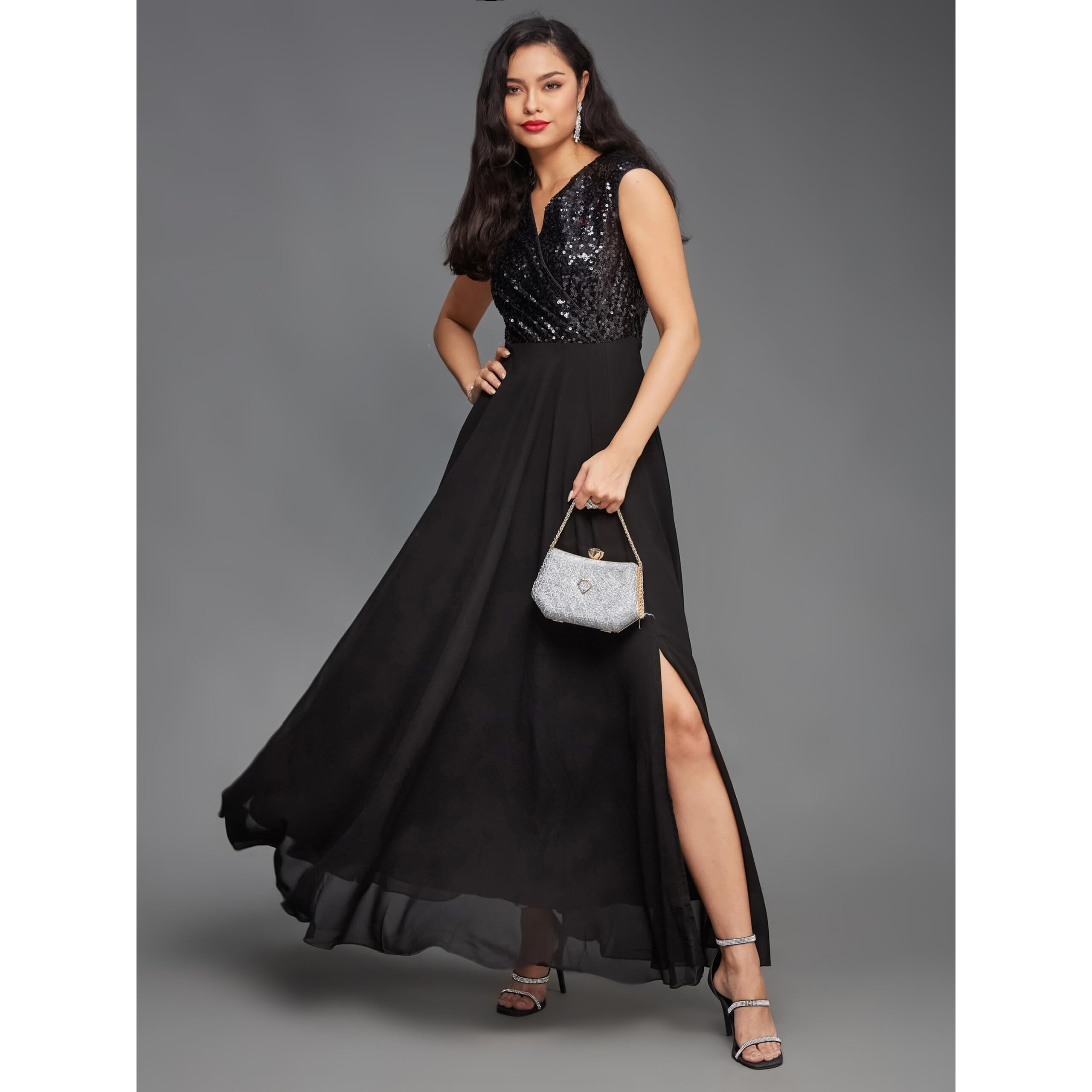 Miss Chase Women's V-Neck Cap Sleeved Solid Wrap Maxi Dress (Mcaw22D99-88-62-03, Black, S)