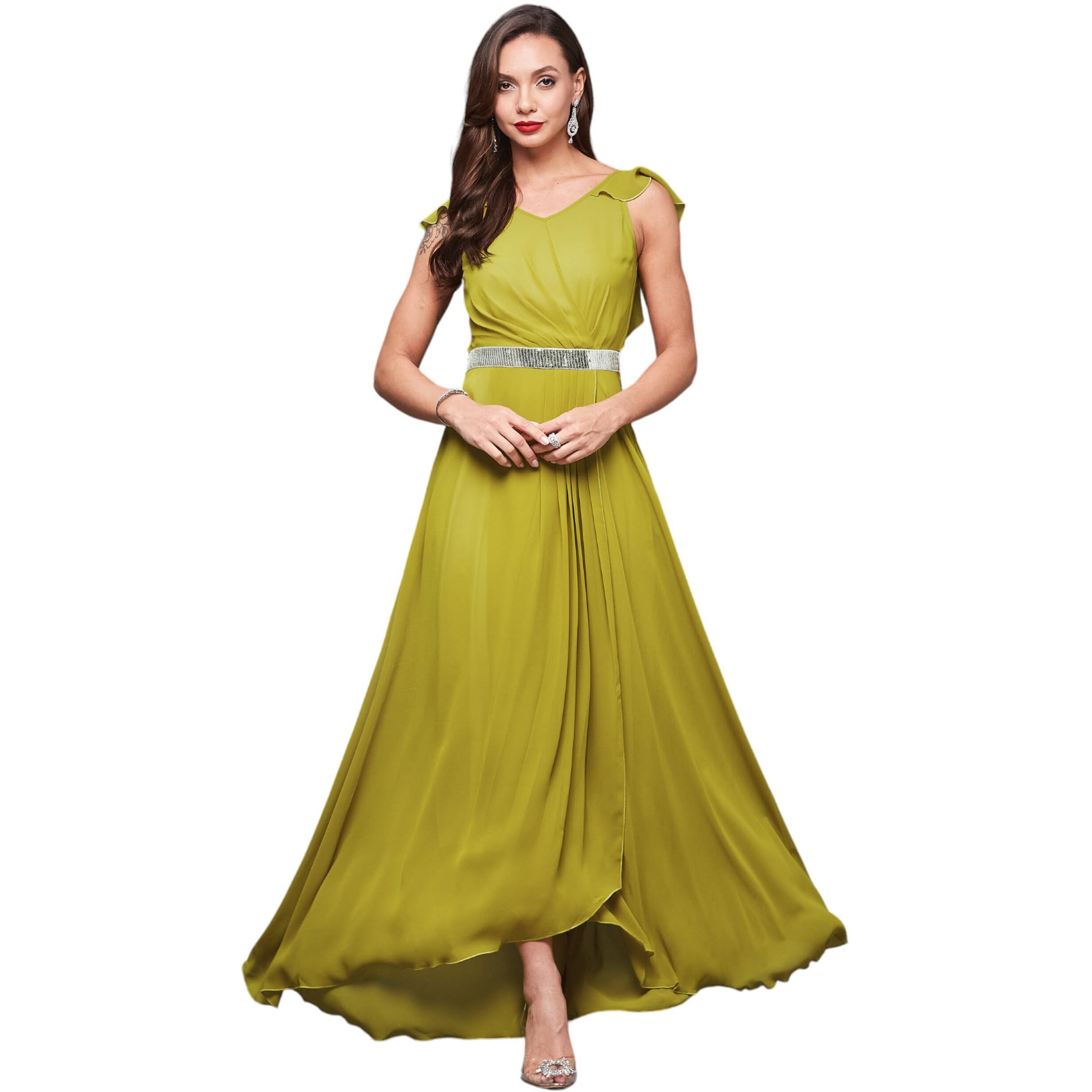 Miss Chase Women's V-Neck Ruffled Sleeve Solid Embellished Maxi Dress With Pockets (Mcaw21D06-17-311-03, Lemon Green, S)