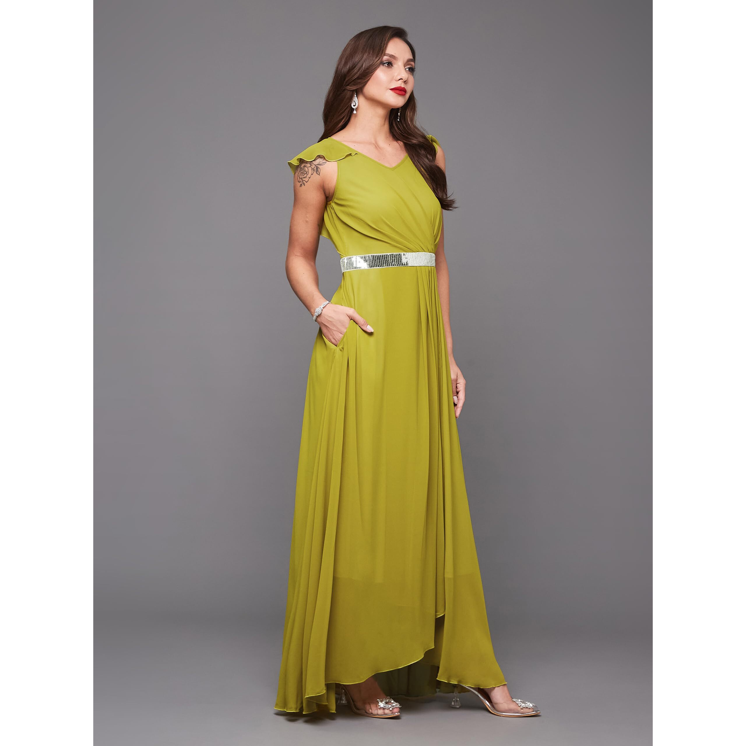 Miss Chase Women's V-Neck Ruffled Sleeve Solid Embellished Maxi Dress With Pockets (Mcaw21D06-17-311-03, Lemon Green, S)