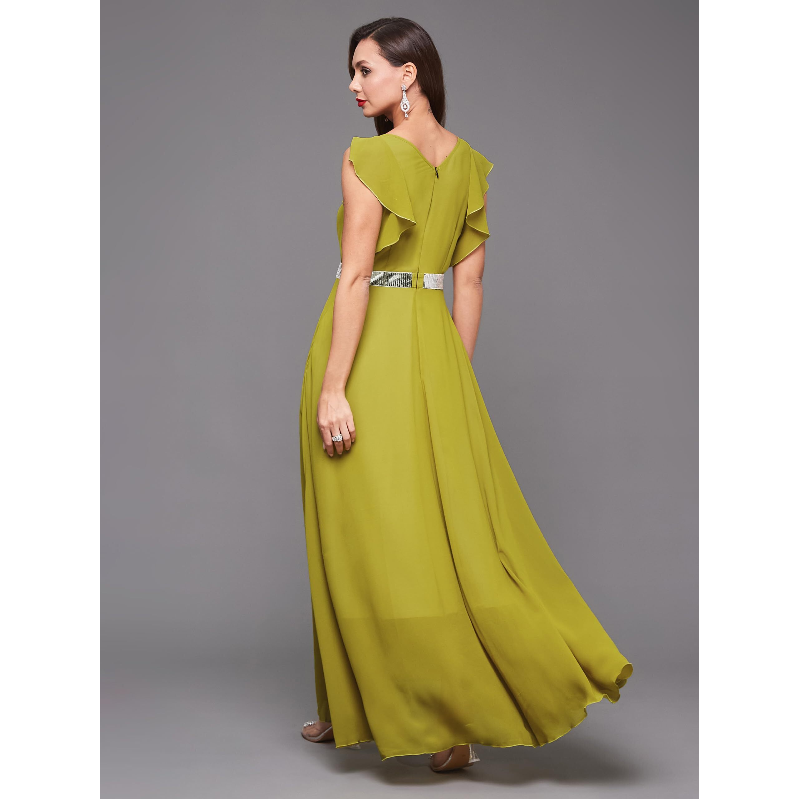 Miss Chase Women's V-Neck Ruffled Sleeve Solid Embellished Maxi Dress With Pockets (Mcaw21D06-17-311-03, Lemon Green, S)