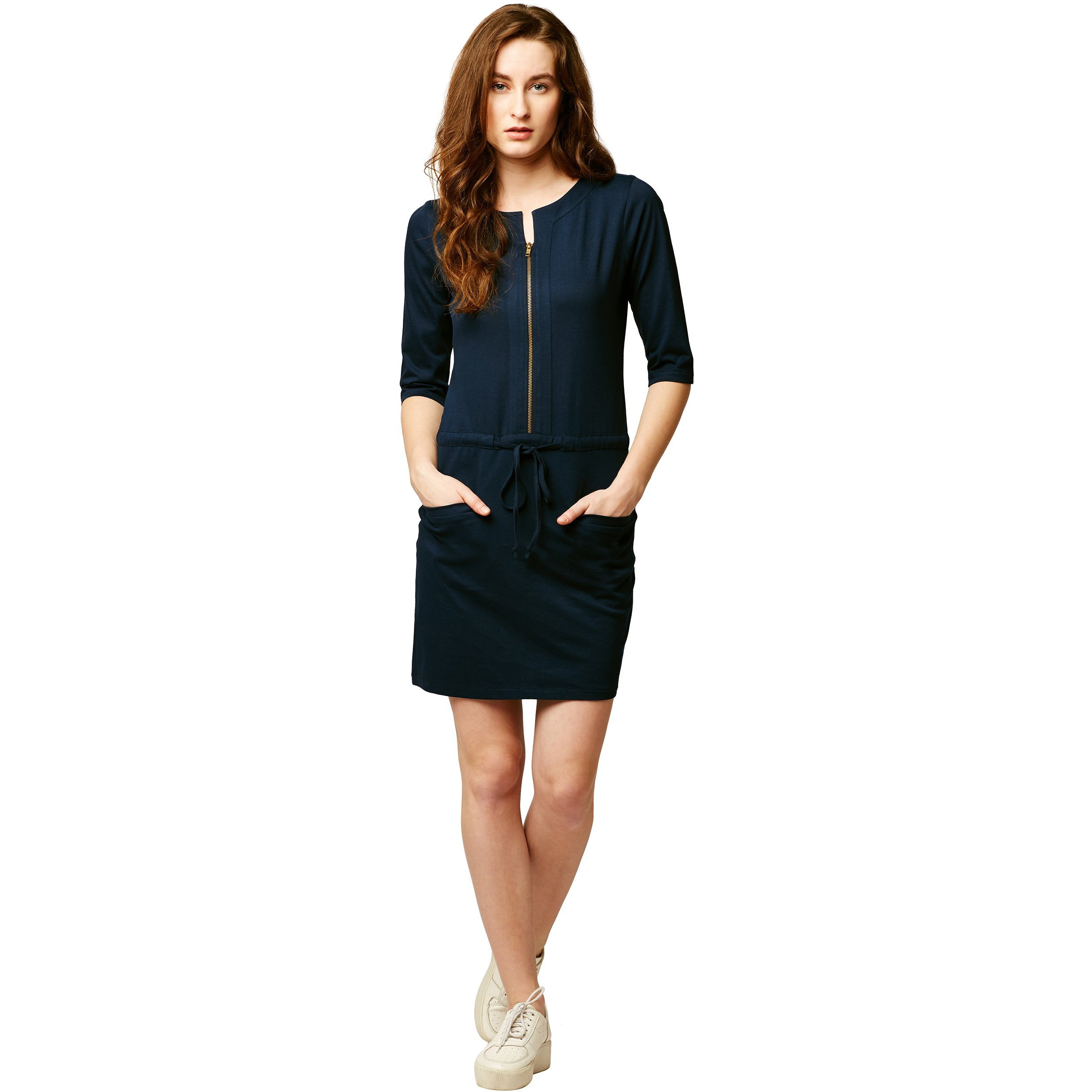 Miss Chase Women's Round Neck 3/4 Sleeves Solid Mini Shift Dress With Zip Closure | 2 Colors(Mcss18D11-25-71-04, Navy Blue, Medium)