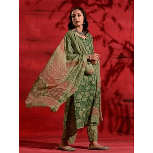 Nainvish Women's Green Printed Straight Rayon Sweetheart Neck Kurta Pant With Dupatta (Sd692_Kbd-L)