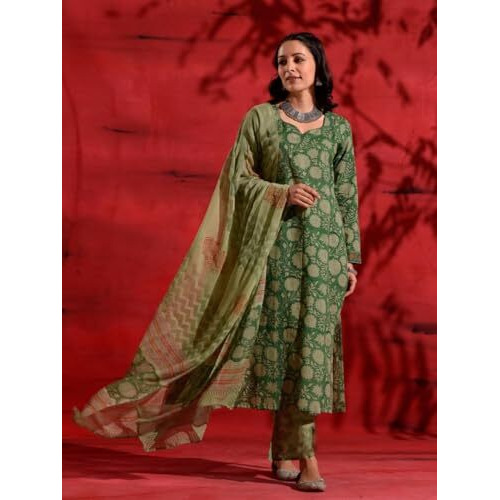 Nainvish Women's Green Printed Straight Rayon Sweetheart Neck Kurta Pant With Dupatta (Sd692_Kbd-L)