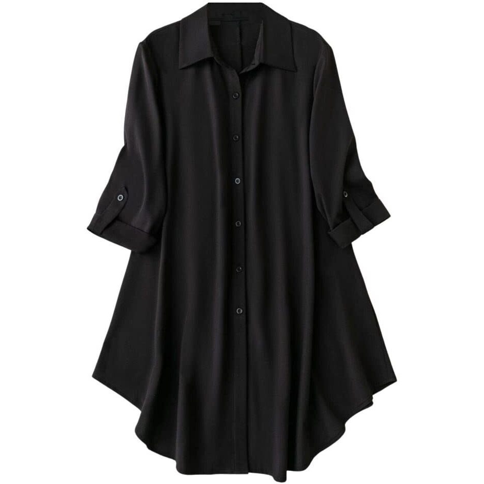 Om Sai Latest Creation Western Dress || Rayon Solid Button Front Shirt Dress For Women || Roll Tab Sleeve & Collared Neck Flared Dress || Office || Summer Short Dresses For Women. (Xx-Large, Black)