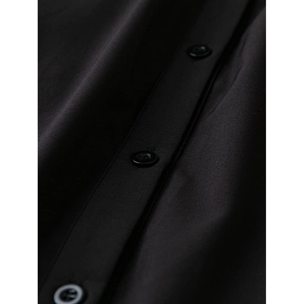 Om Sai Latest Creation Western Dress || Rayon Solid Button Front Shirt Dress For Women || Roll Tab Sleeve & Collared Neck Flared Dress || Office || Summer Short Dresses For Women. (Xx-Large, Black)